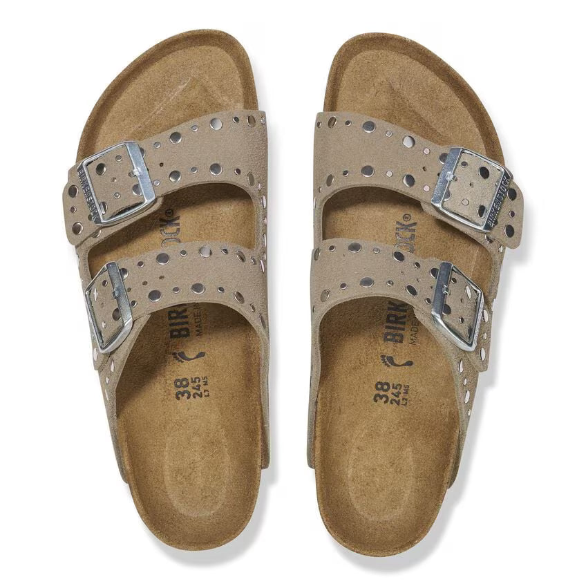 Birkenstock Sandalo in Pelle Scamosciata con Borchie Arizona Donna Taupe