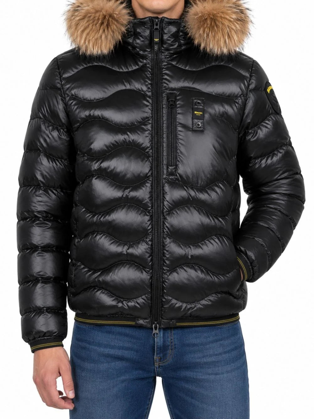 Blauer Piumino con Cappuccio e Pelliccia Wavefur Uomo Nero