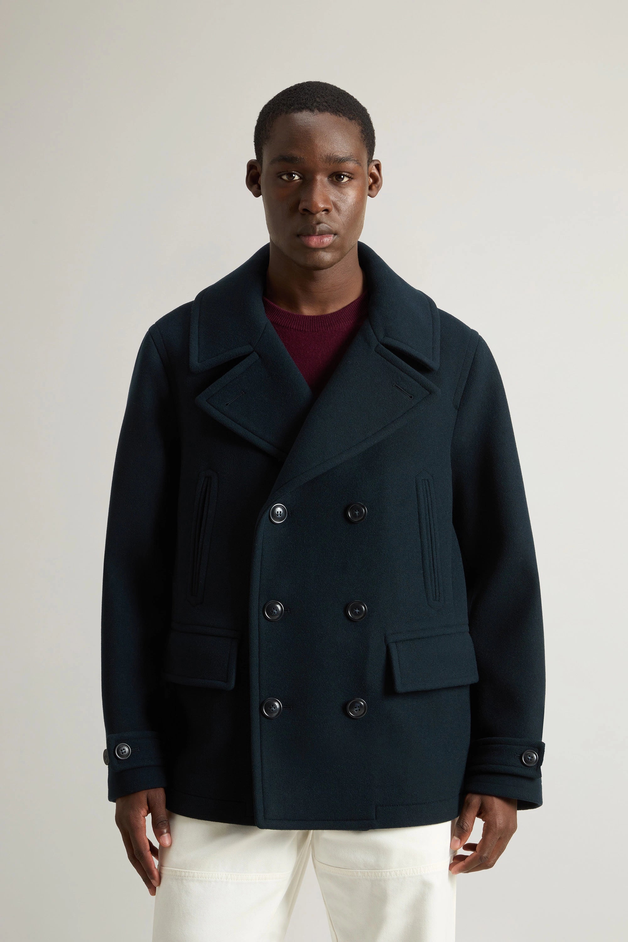 Woolrich Uomo Peacoat in Misto Lana Vergine Melton Blue