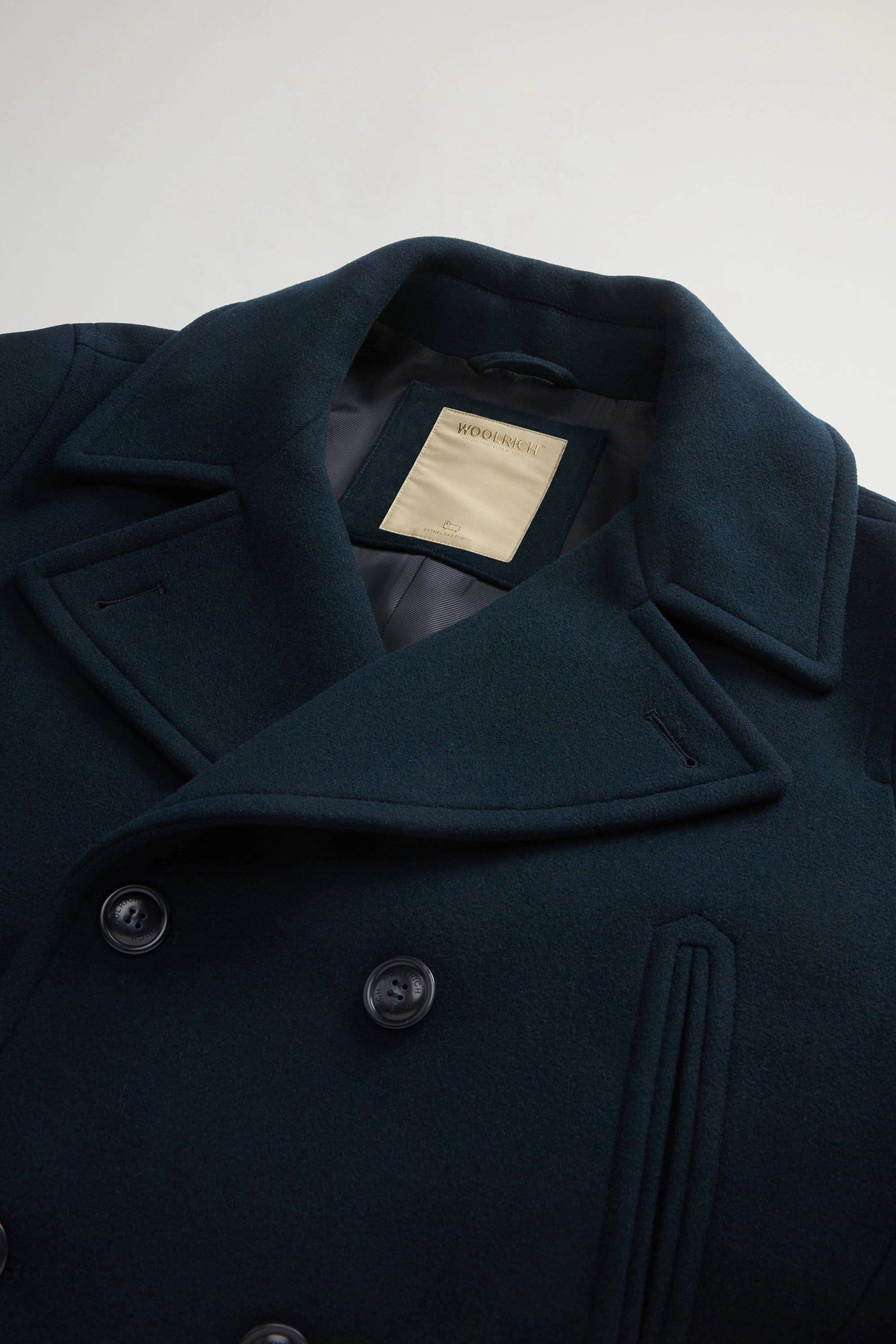 Woolrich Uomo Peacoat in Misto Lana Vergine Melton Blue