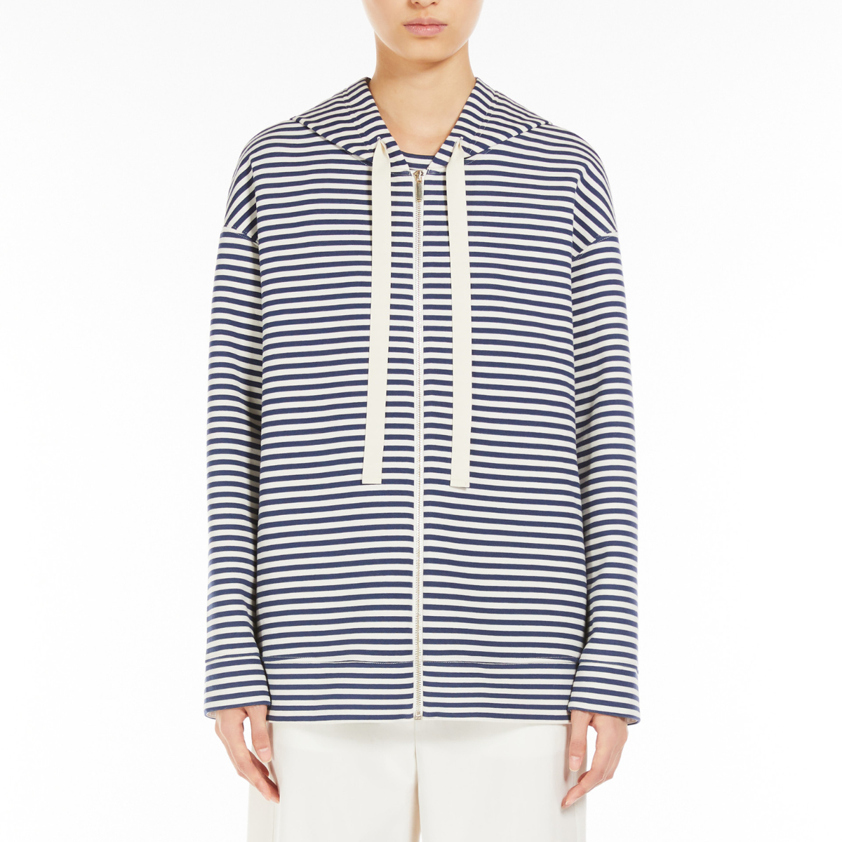Max Mara Felpa in Jersey con Cappuccio Donna Doria Righe Blue e Ecru