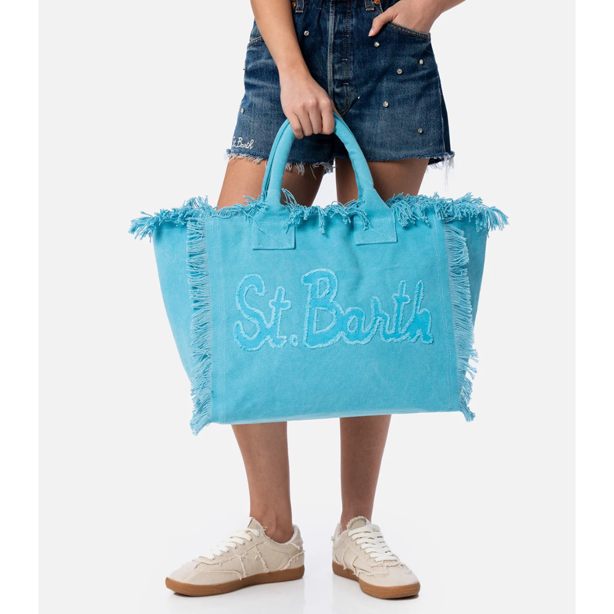Mc2 Saint Barth Borsa Tote in Tela di Cotone con Toppa con Logo Vanity Donna Azzurro