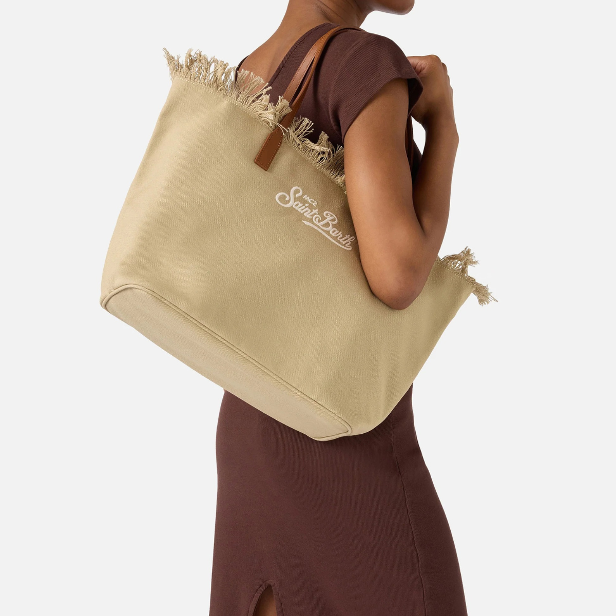 Mc2 Saint Barth Borsa in Canvas City Regular con Frange Beige
