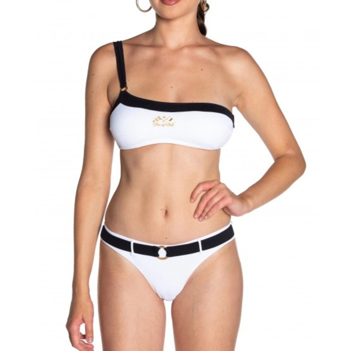 Pin Up Costume Bikini Fascia Monospalla in Lycra Piquet Donna Bianco e Nero