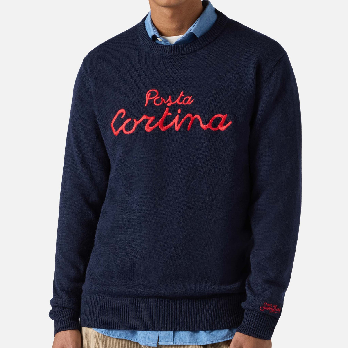 Mc2 Saint Barth Maglione Heron in Misto Cashmere con Ricamo Poste Cortina Uomo Blu