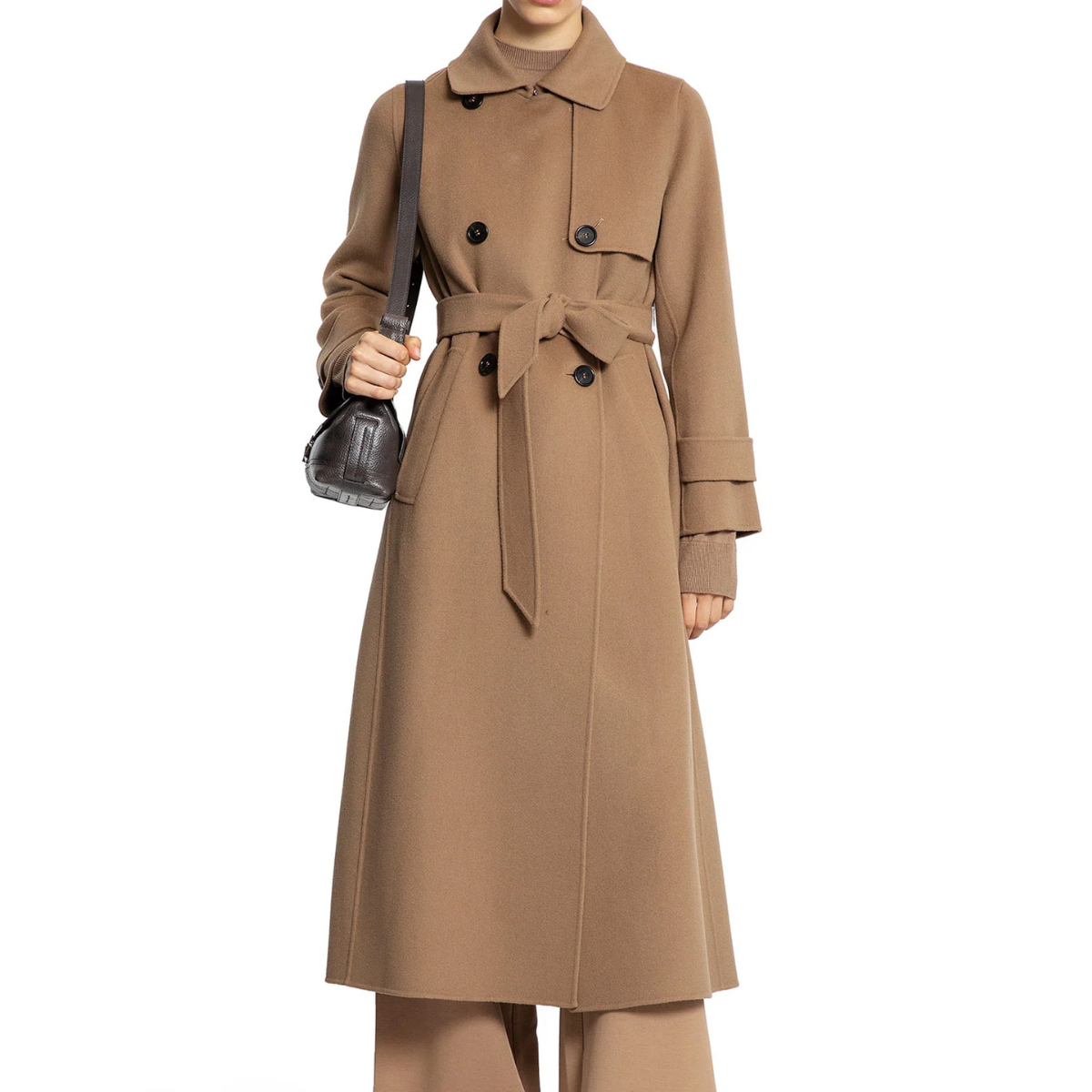 'S Max Mara Cappotto in Lana Double con Cintura Sem Donna Nocciola