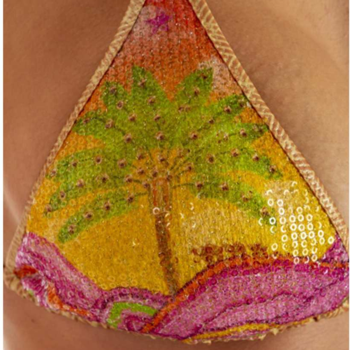 Pin Up Costume Bikini a Triangolo con Paillettes e Stampa Dune Donna Arancio