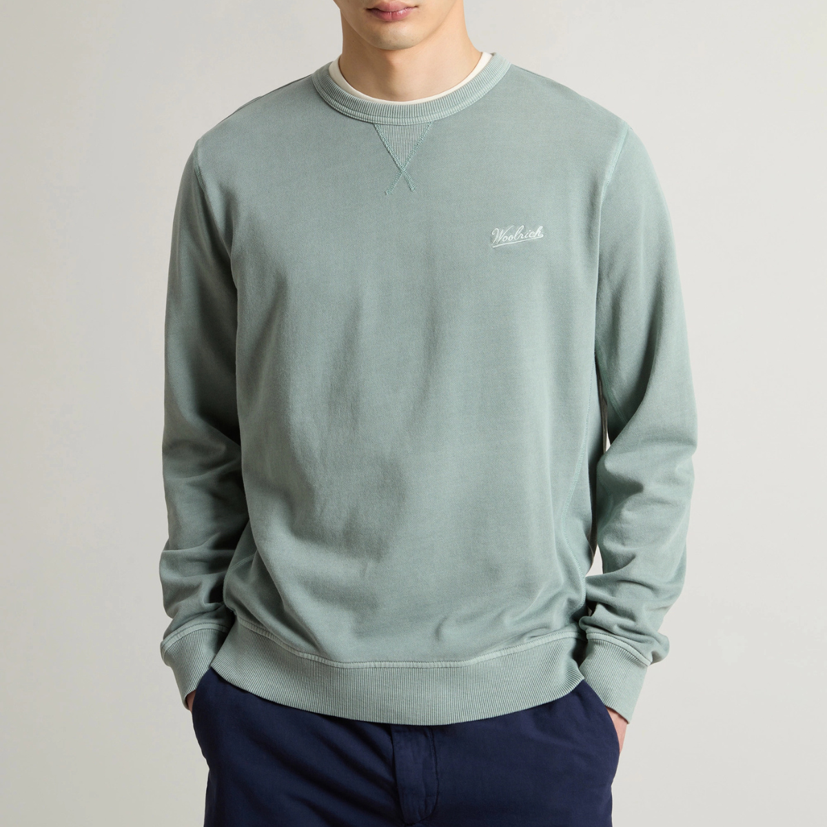 Woolrich Felpa Girocollo in Cotone Uomo Garment Chinois Green