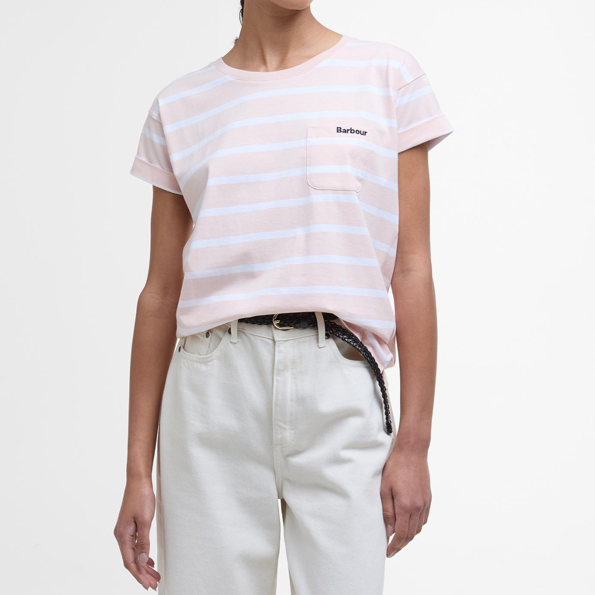 Barbour T-Shirt in Cotone Otterburn a Righe Donna Rosa e Bianco