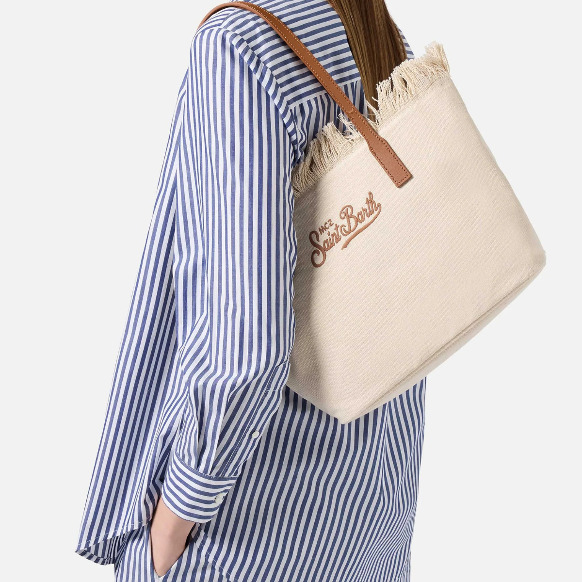 Mc2 Saint Barth Borsa Shopper City Medium in Canvas di Cotone Burro