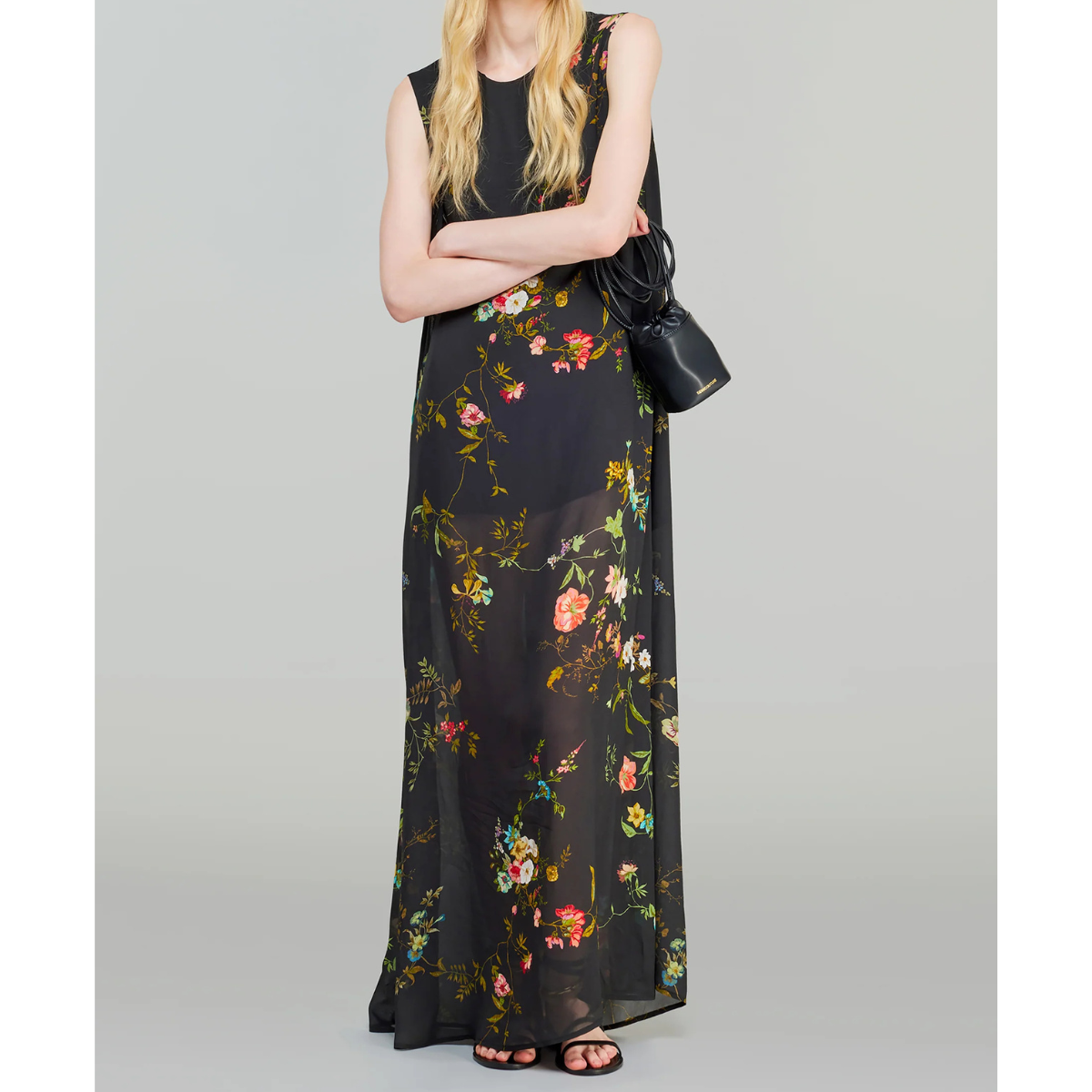 Semicouture Aito Lungo in Georgette con Stampa a Fiori Nerea Donna Nero