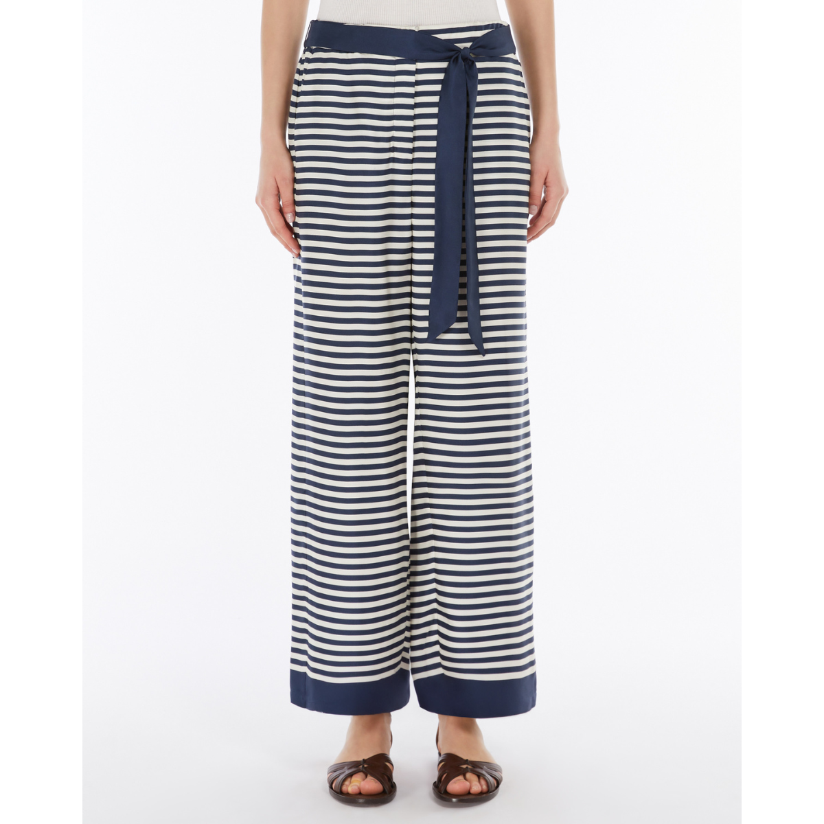 Max Mara Pantalone in Seta a Righe con Cintura Donna Nine Ecru
