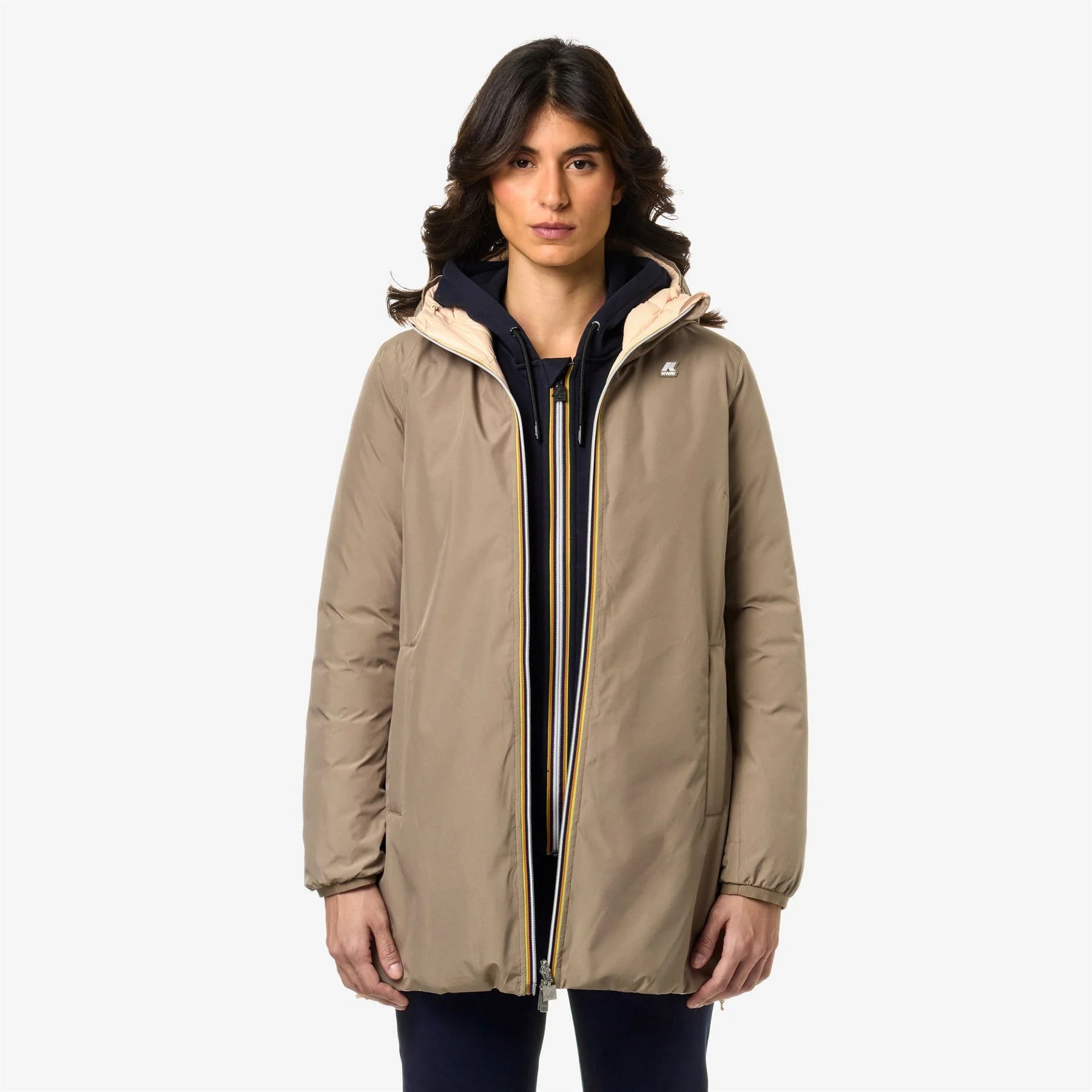 K Way Giacca Lunga Donna Sophie Eco Stretch Thermo Double Beige e Rosa
