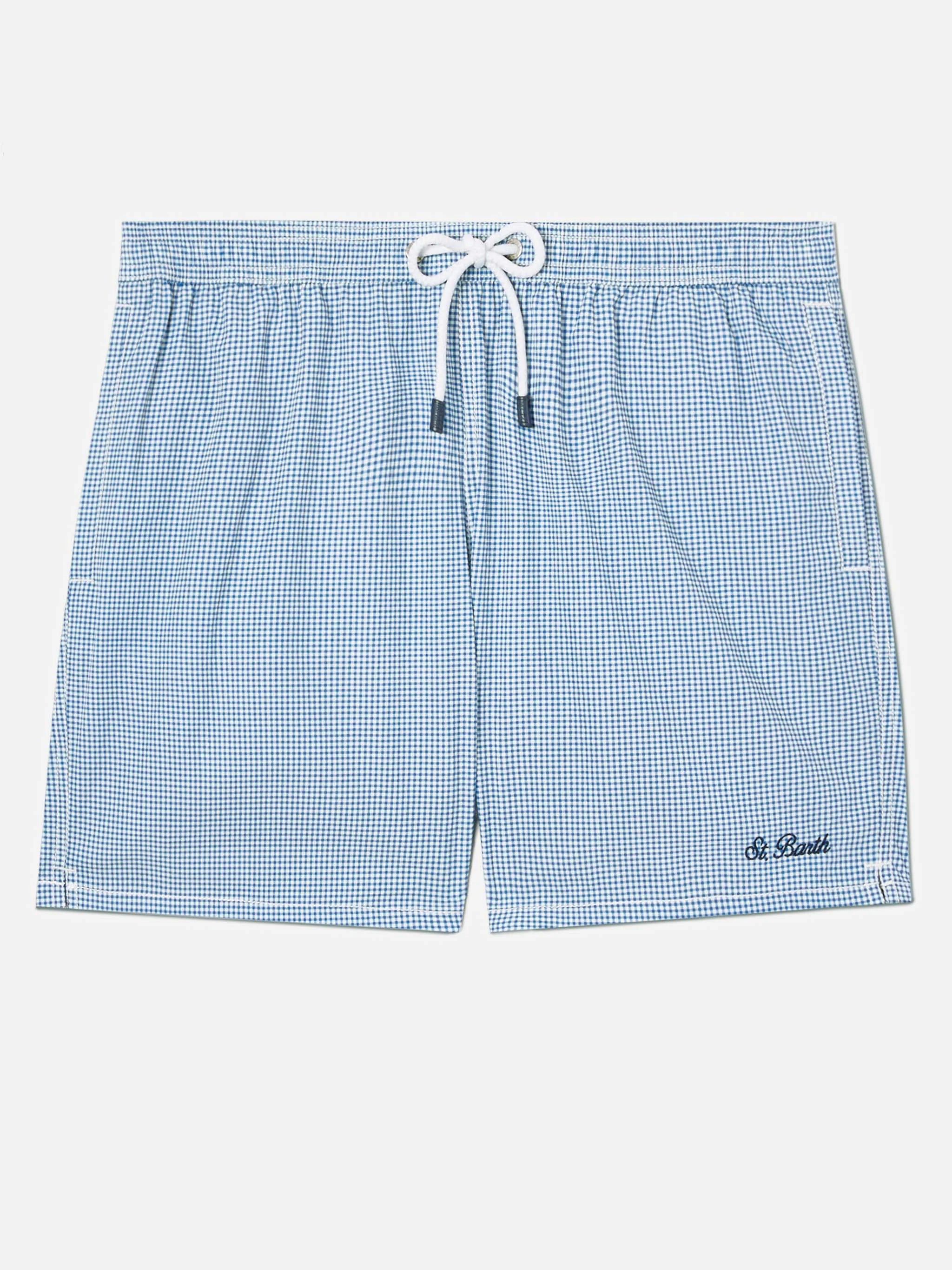 MC2 Saint Barth Costume a Pantaloncino Uomo Patmos in Seersucker Vichy Blu Bianco