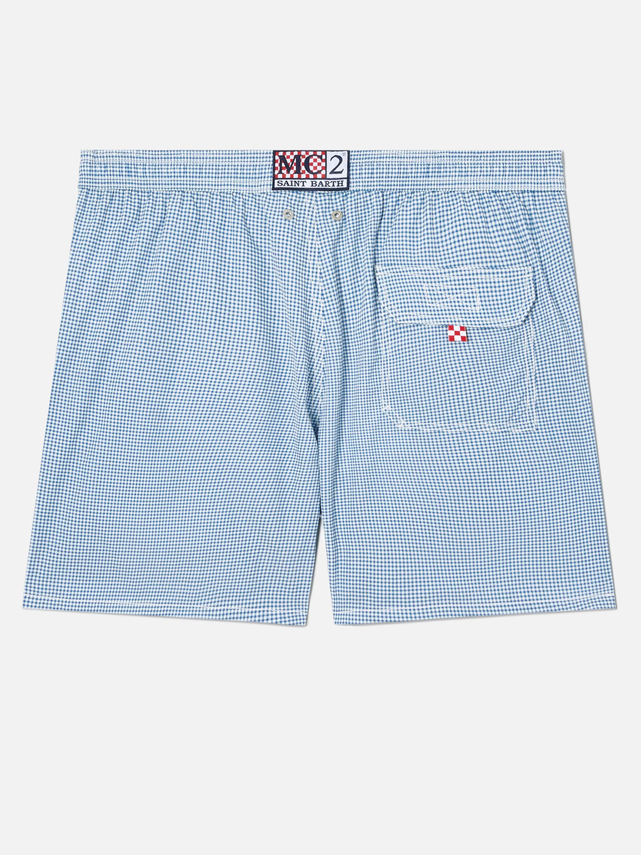 MC2 Saint Barth Costume a Pantaloncino Uomo Patmos in Seersucker Vichy Blu Bianco