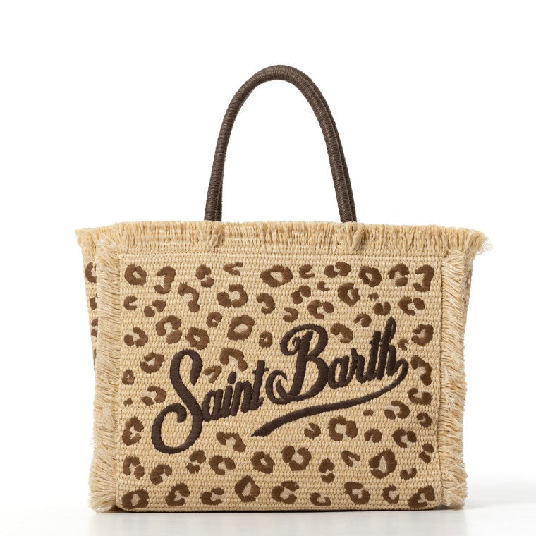 MC2 Saint Barth Borsa Vanity Straw Effetto Rafia con Ricamo Maculato Donna Beige