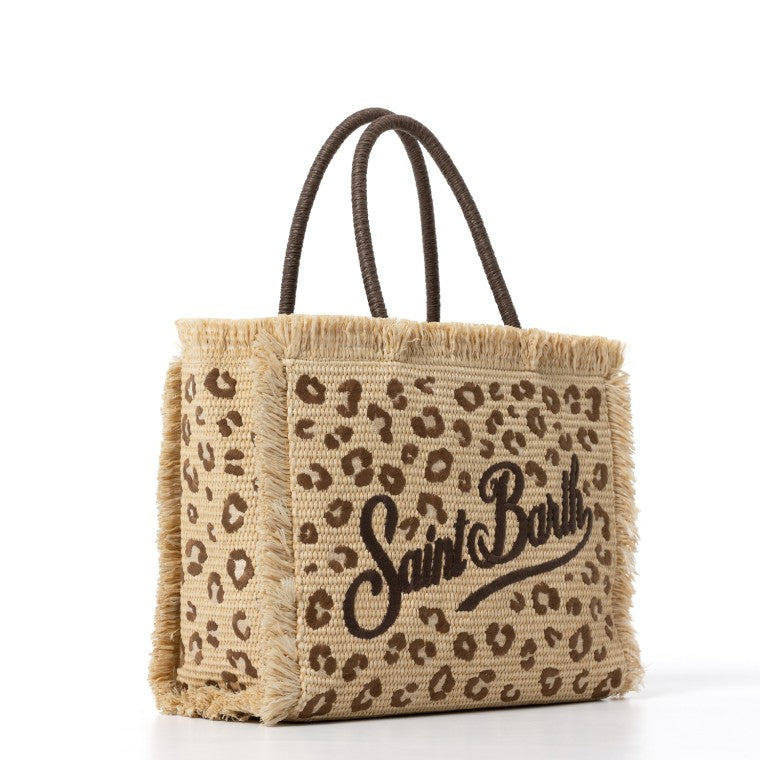 MC2 Saint Barth Borsa Vanity Straw Effetto Rafia con Ricamo Maculato Donna Beige