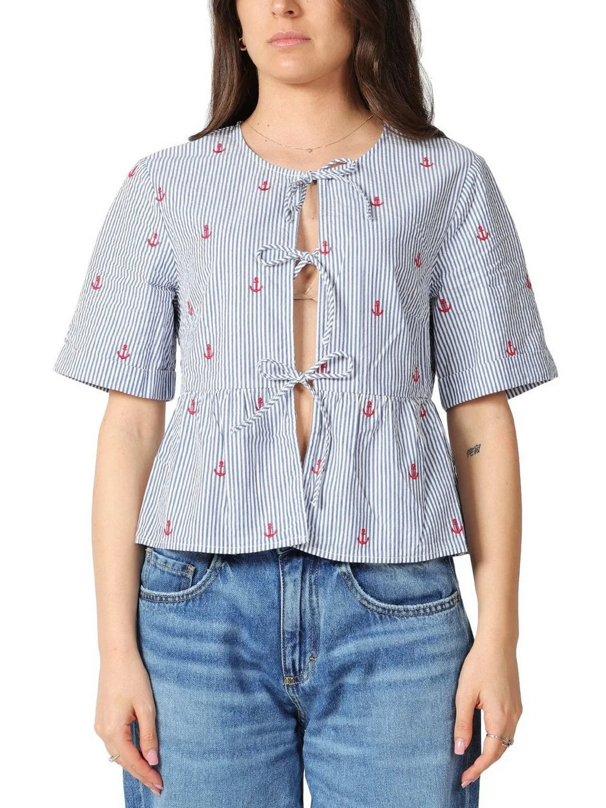 MC2 Saint Barth Blusa in Cotone Alyson Seersucker Stripes Bianco e Blu