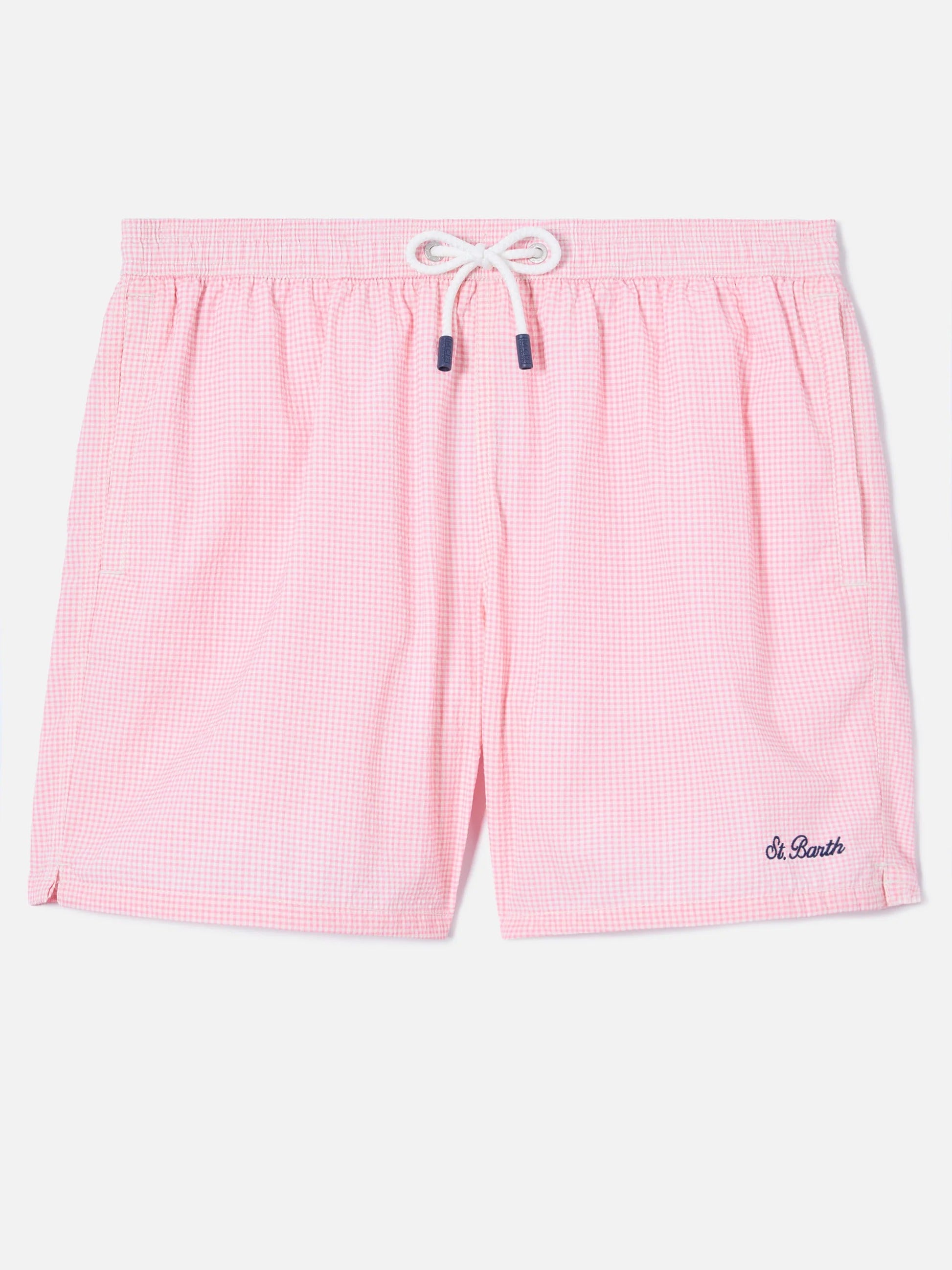MC2 Saint Barth Costume a Pantaloncino Uomo Patmos in Seersucker Vichy Rosa e Bianco