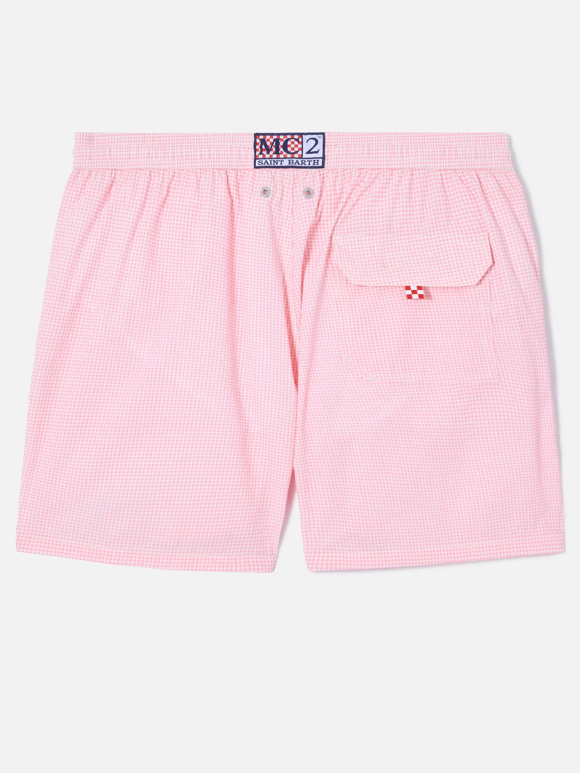 MC2 Saint Barth Costume a Pantaloncino Uomo Patmos in Seersucker Vichy Rosa e Bianco