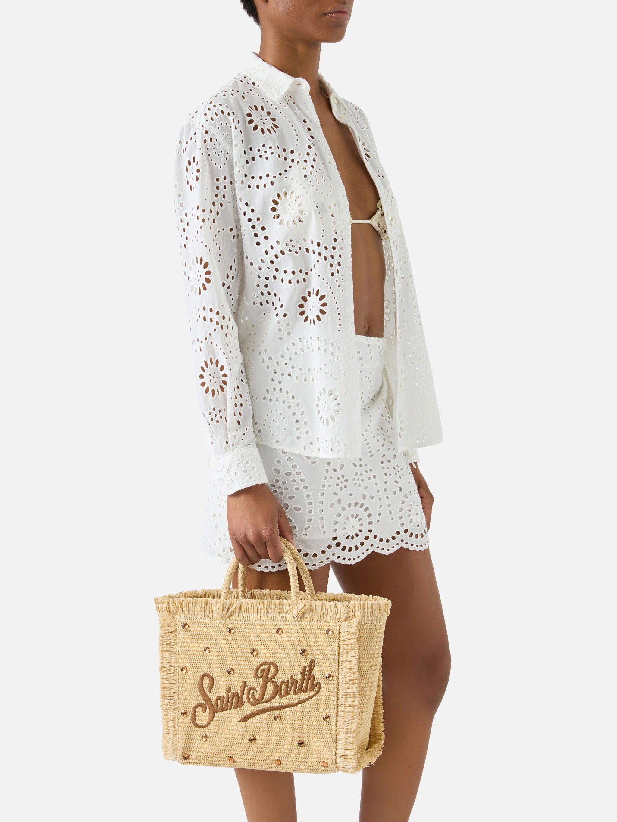 MC2 Saint Barth Borsa Colette Straw Effetto Paglia con Strass Applicati Donna Beige