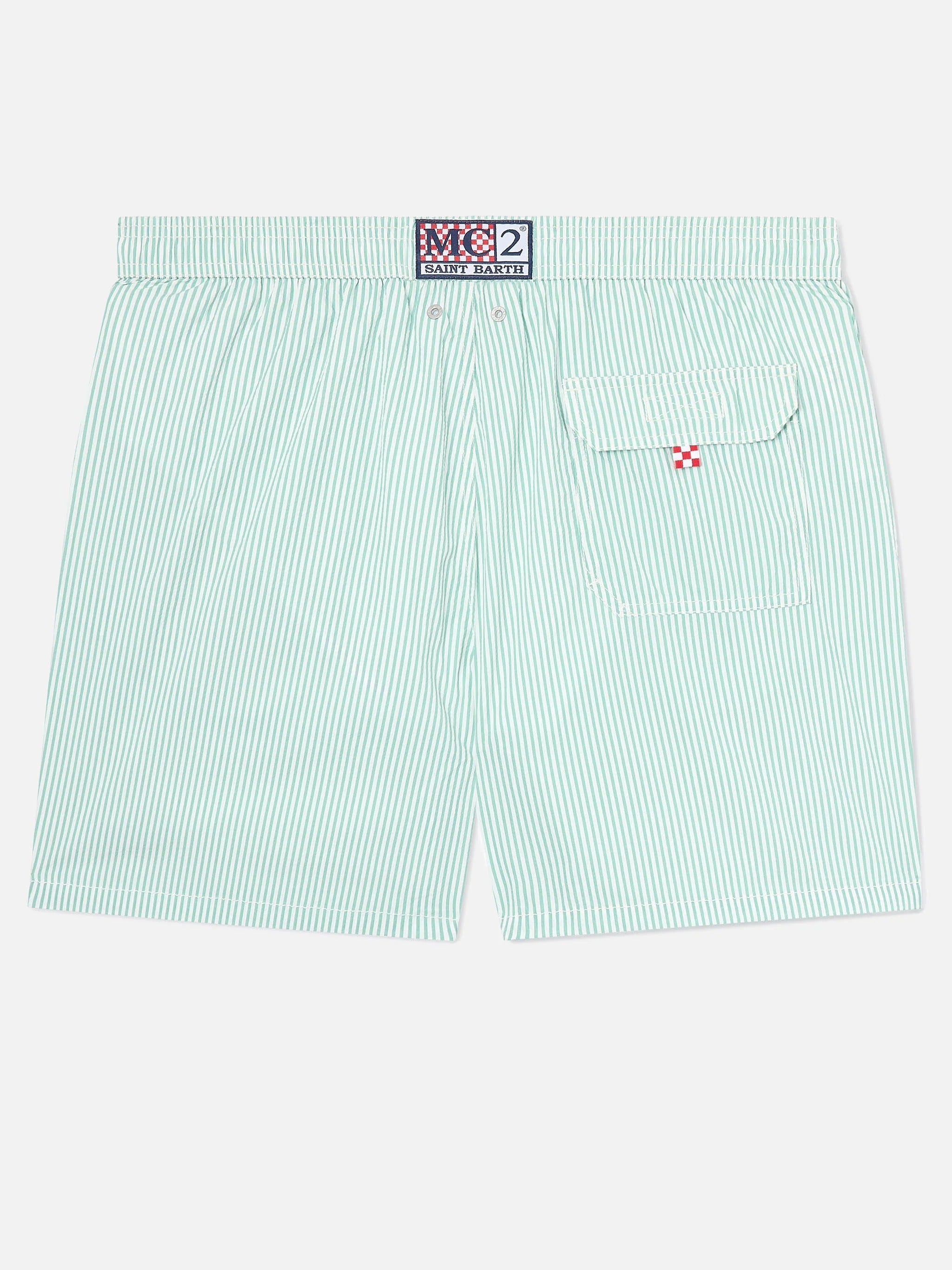MC2 Saint Barth Costume a Pantaloncino Uomo Patmos in Seersucker a Righe Verde Salvia e Bianco