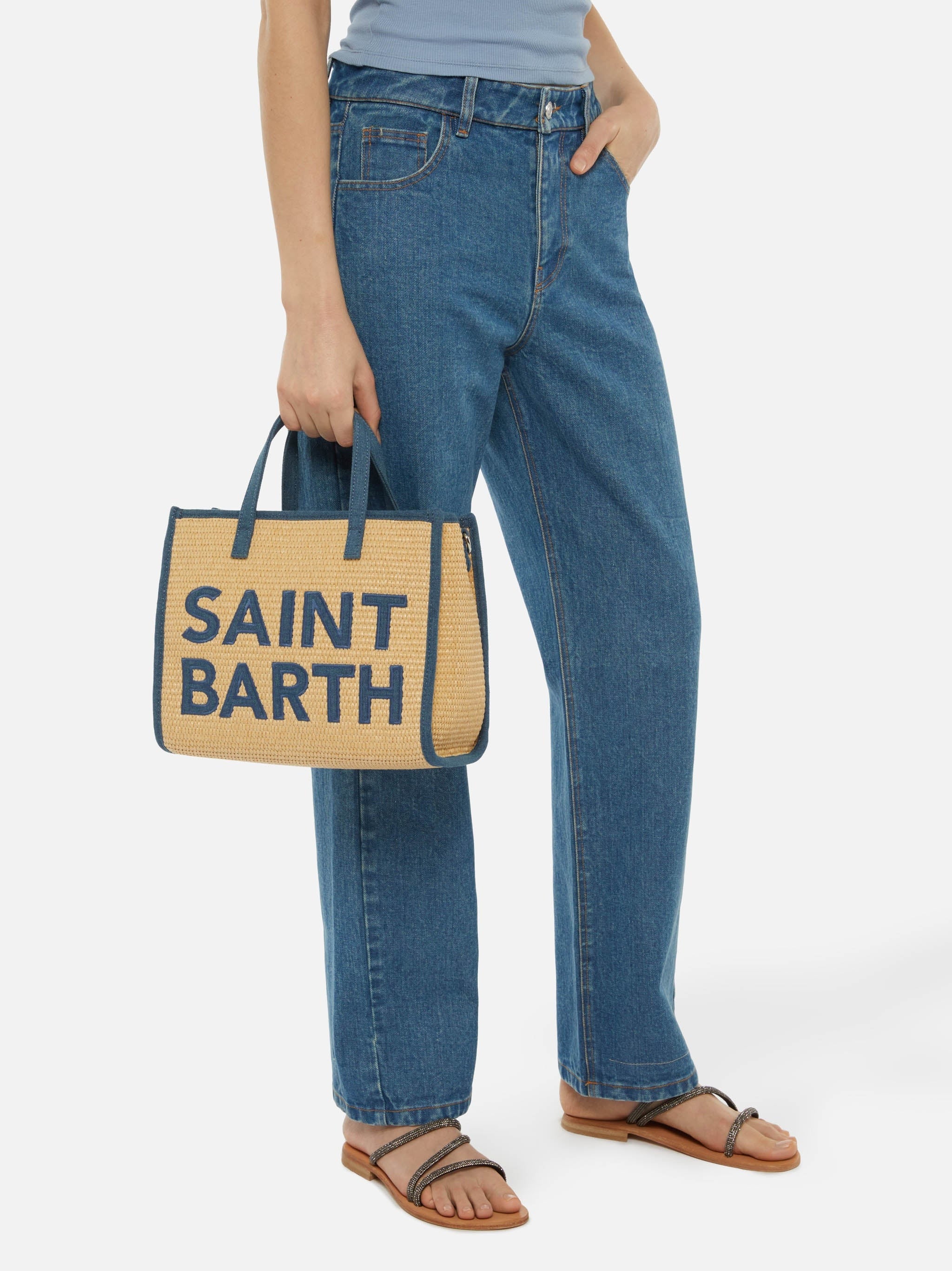 MC2 Saint Barth Borsa Vivian Mid Straw Effetto Paglia con Patch Denim Donna Beige