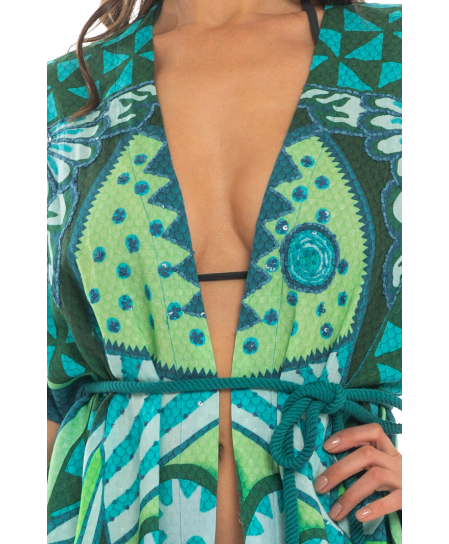 Pin Up Kimono in Viscosa Tribal Sea Donna Verde