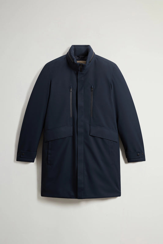 Woolrich Cappotto Imbottito con Cappuccio Uomo Poly Twill Raincoat Melton Blue