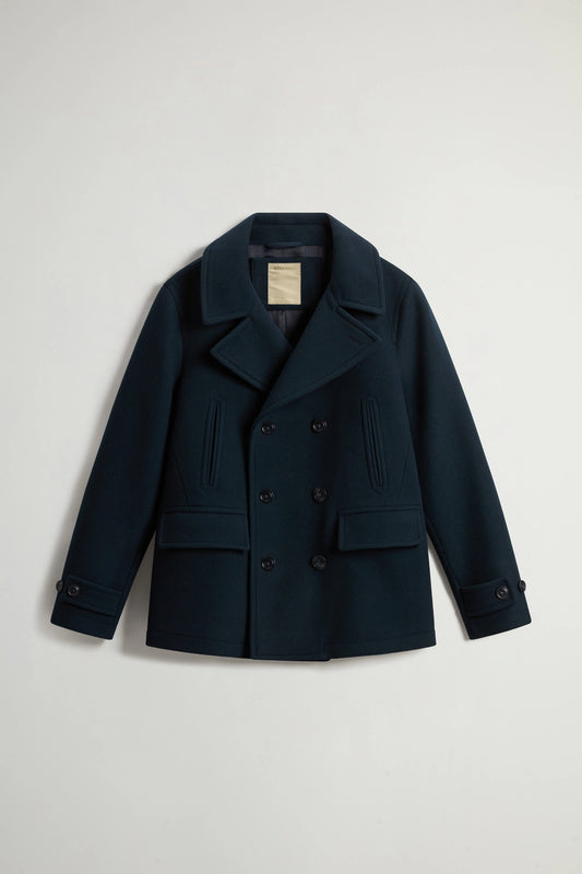 Woolrich Uomo Peacoat in Misto Lana Vergine Melton Blue