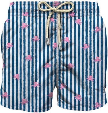 MC2 Saint Barth Costume a Pantaloncino Uomo Comfort con Stampa a Righe Bianco e Blu