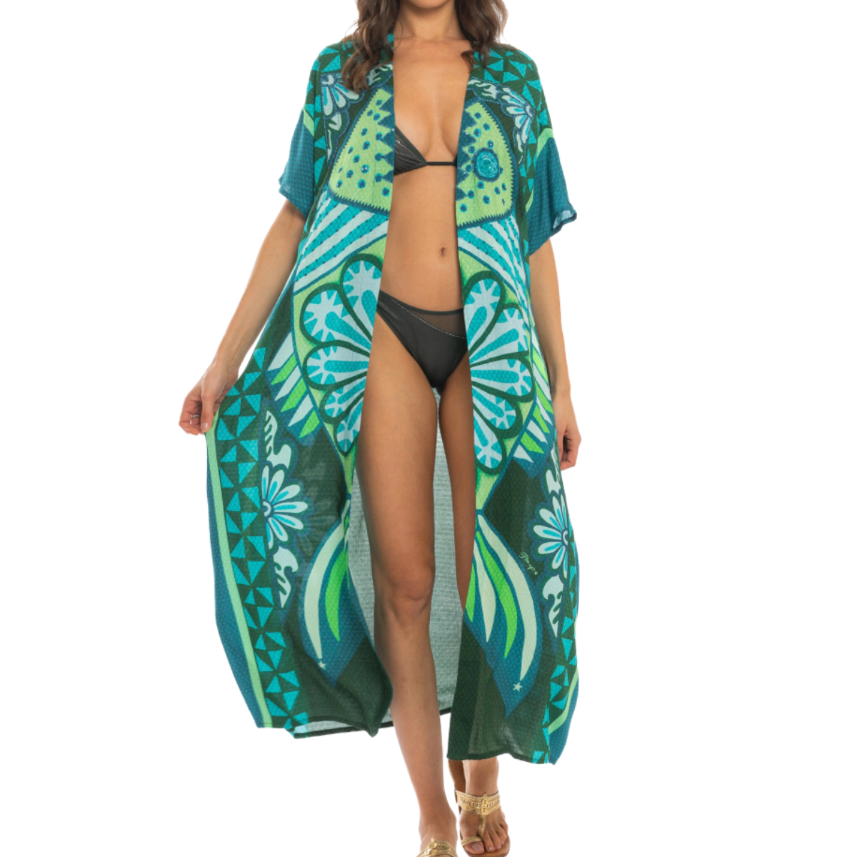 Pin Up Kimono in Viscosa Tribal Sea Donna Verde