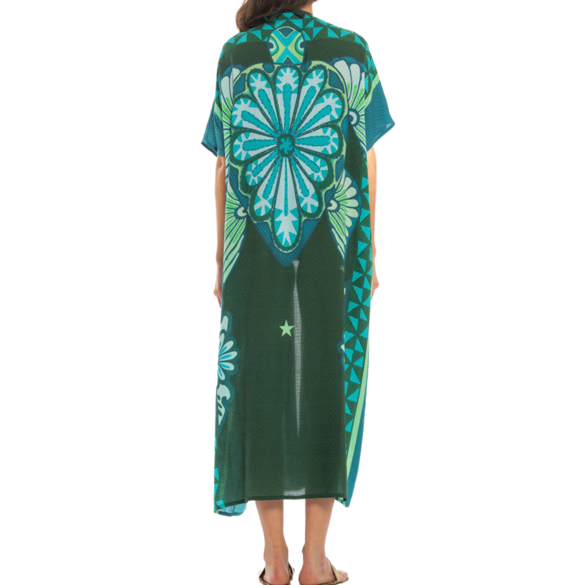 Pin Up Kimono in Viscosa Tribal Sea Donna Verde