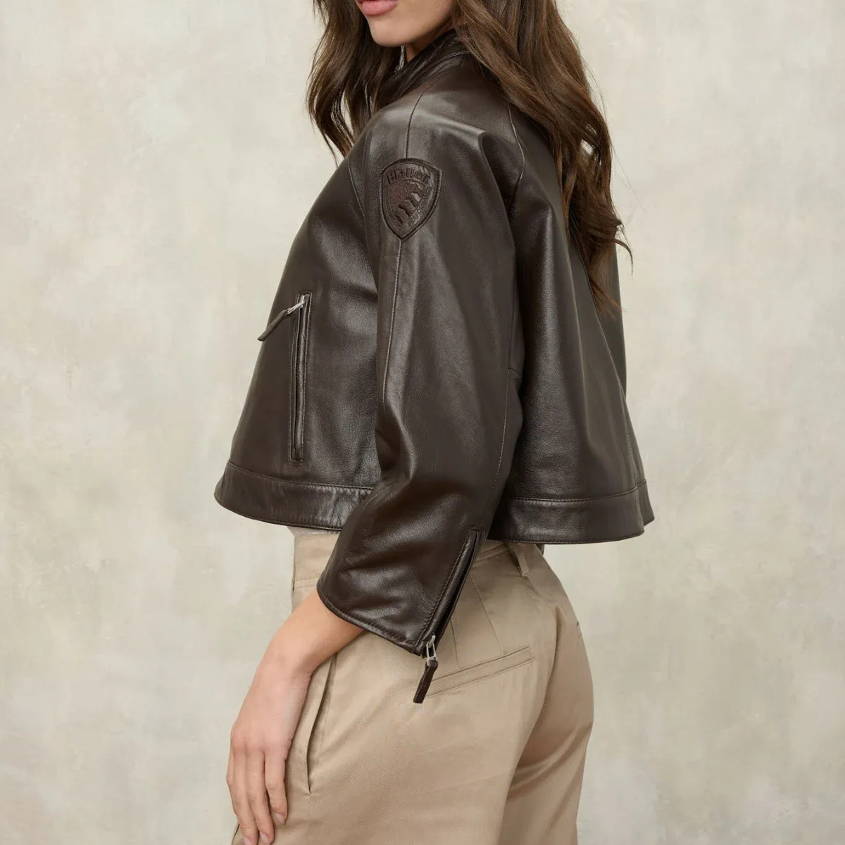 Blauer Giacca Corta in Pelle Liscia Lorette Donna Nero Caffè