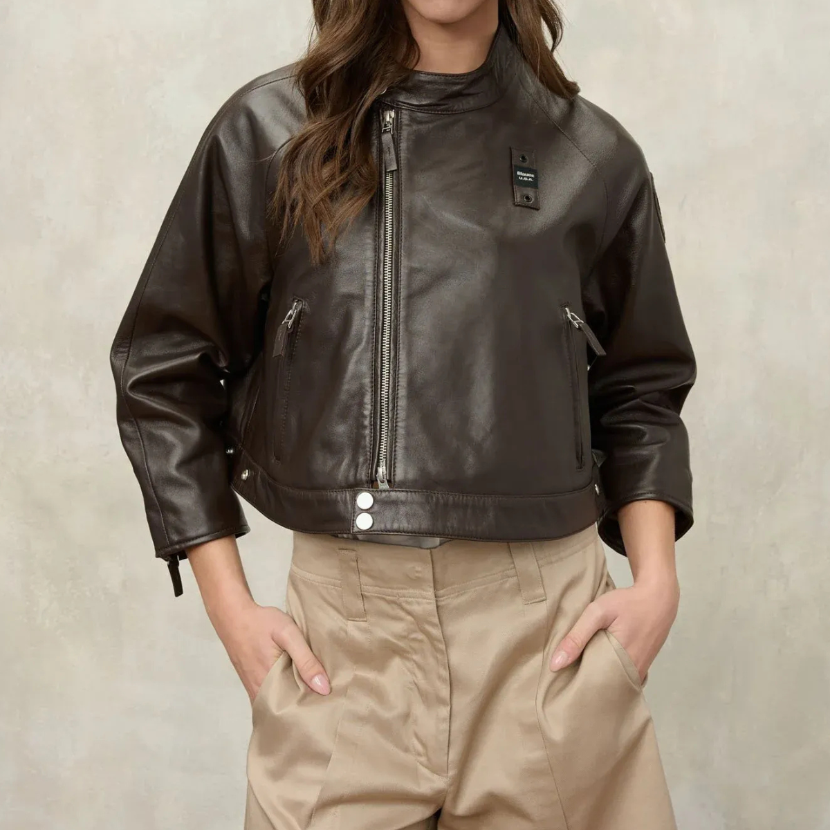 Blauer Giacca Corta in Pelle Liscia Lorette Donna Nero Caffè