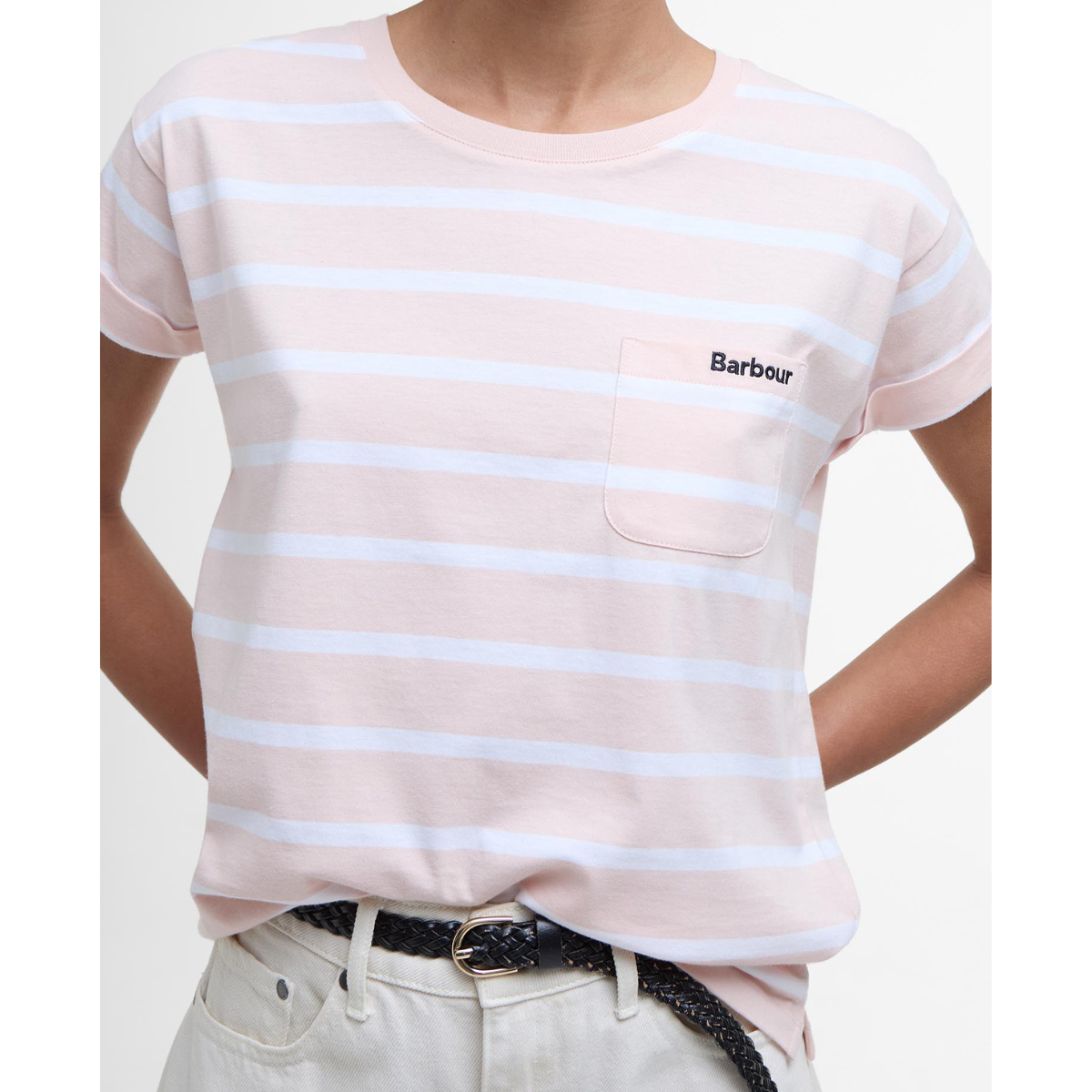 Barbour T-Shirt in Cotone Otterburn a Righe Donna Rosa e Bianco