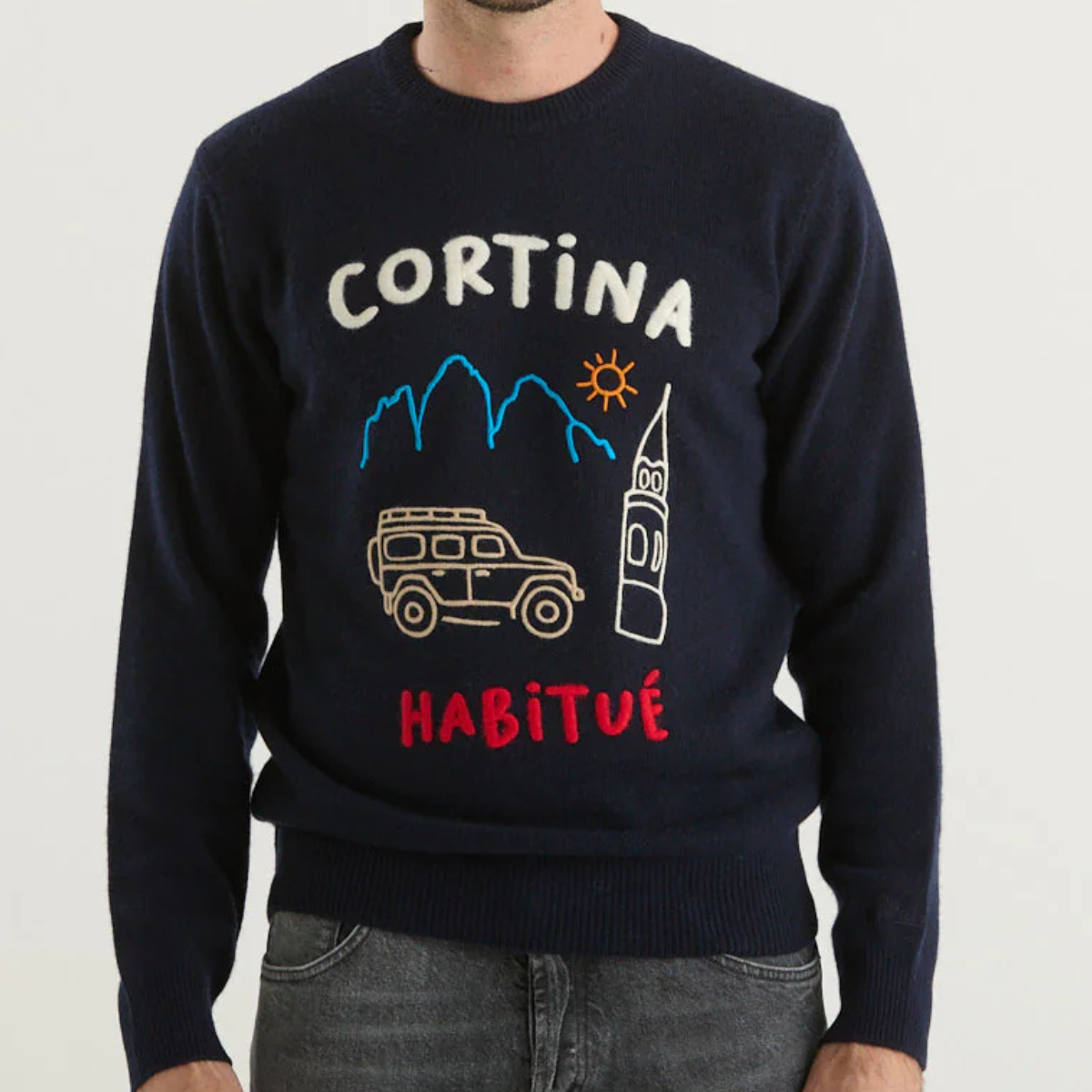 Mc2 Saint Barth Maglione Heron in Misto Cashmere con Ricamo Cortina Uomo Blu