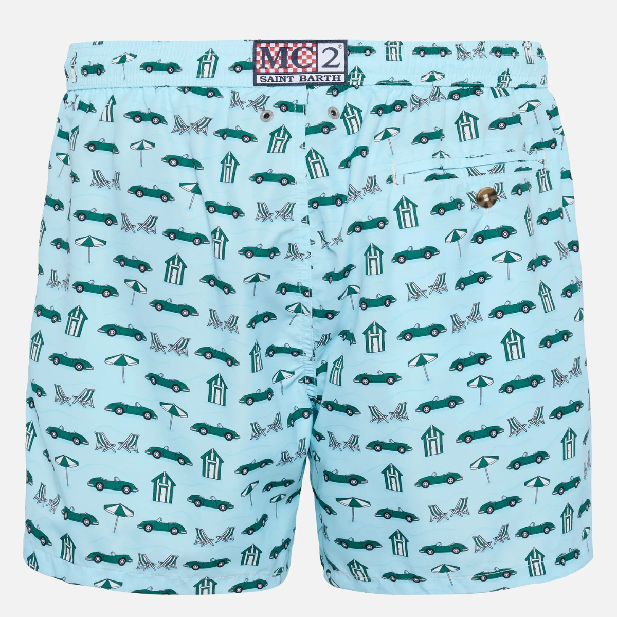 MC2 Saint Barth Costume Mare in Tessuto Leggero con Stampa Auto e Cabine Uomo Azzurro Chiaro