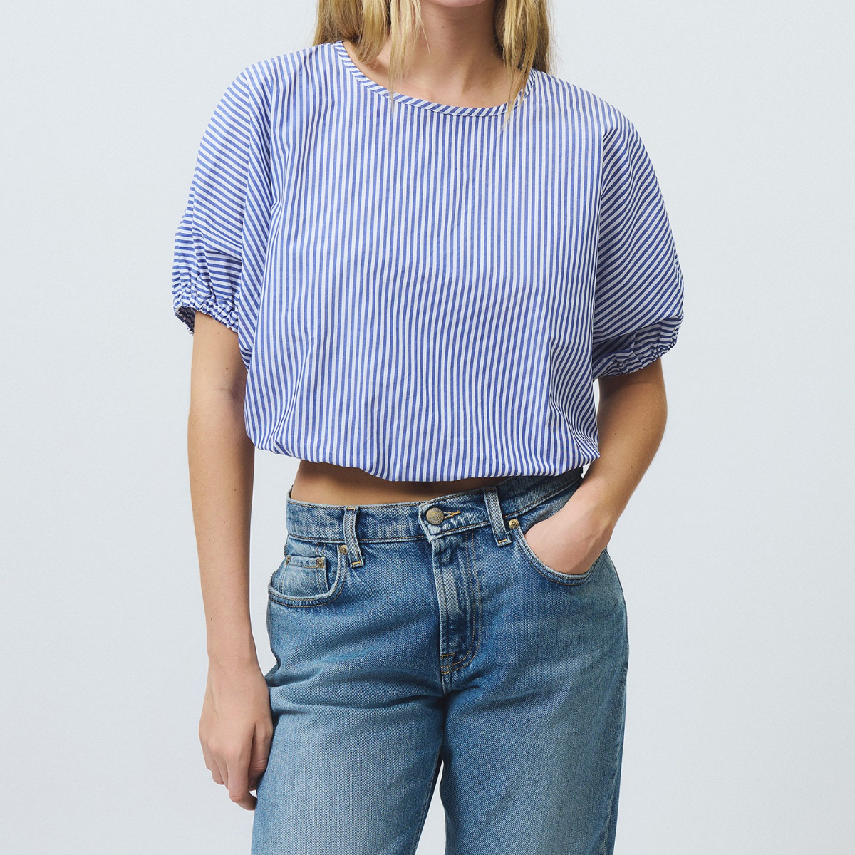 Roy Roger's Camicia in Popeline di Cotone a Righe Puff Bianco e Blu