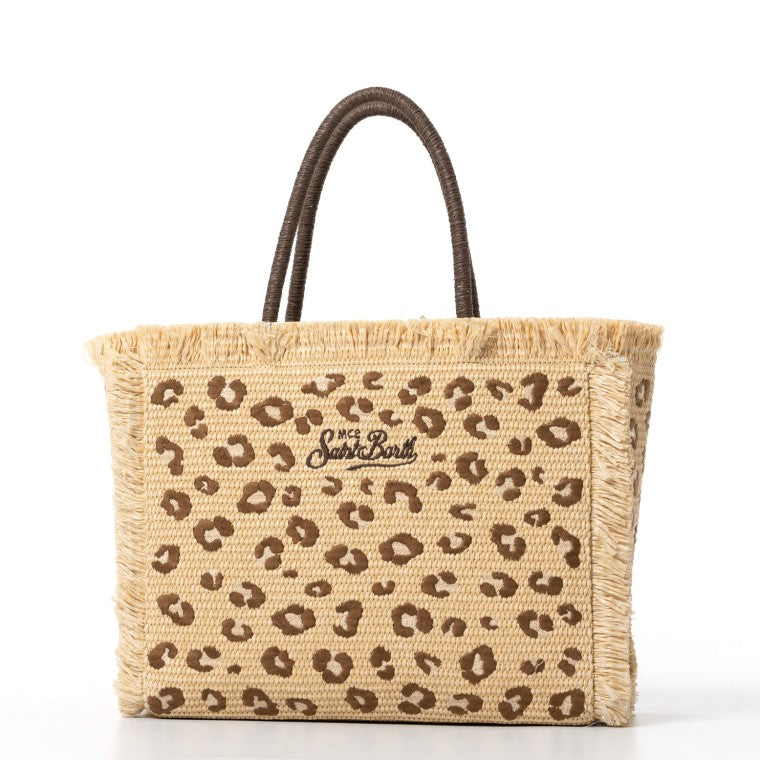 MC2 Saint Barth Borsa Vanity Straw Effetto Rafia con Ricamo Maculato Donna Beige