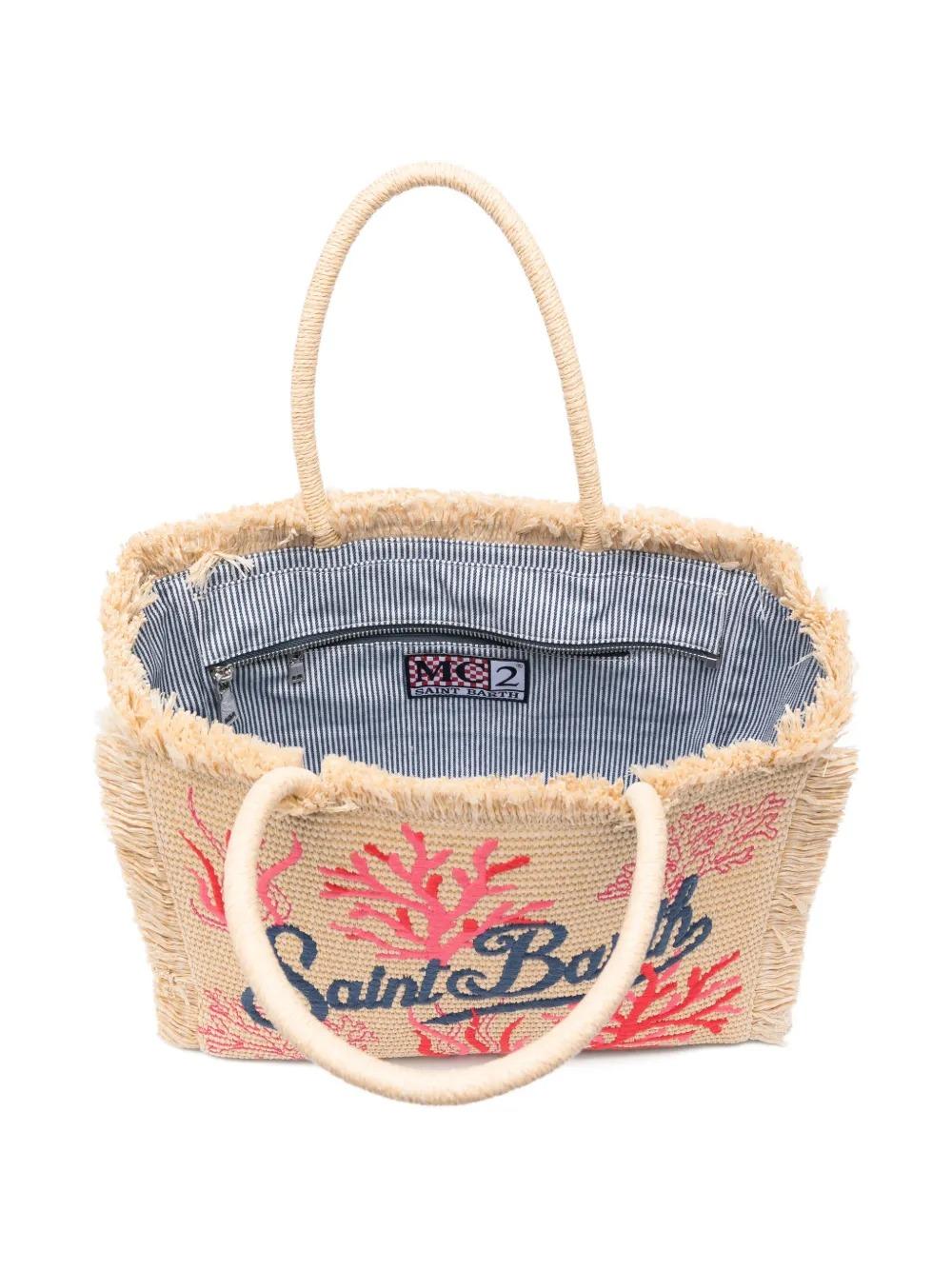 MC2 Saint Barth Borsa Vanity Straw N in Tessuto Effetto Paglia con Ricamo Coral Donna Beige