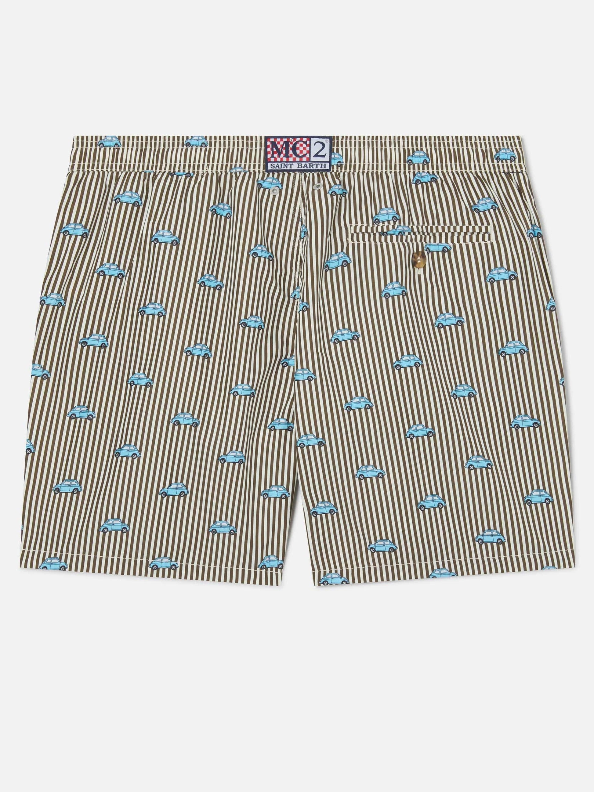MC2 Saint Barth Costume a Pantaloncino Uomo Lighting Micro a Righe con Stampa Fiat 500