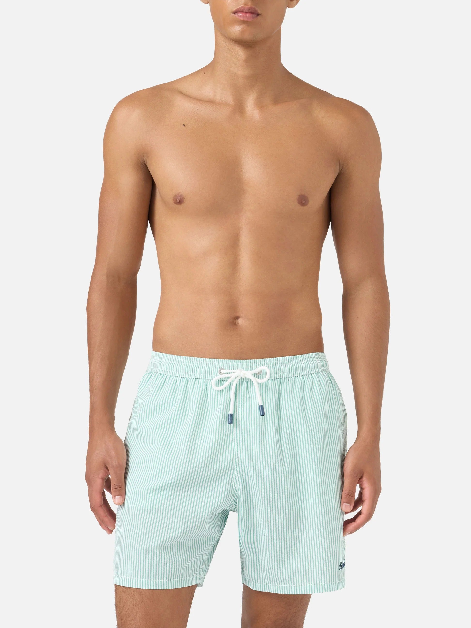 MC2 Saint Barth Costume a Pantaloncino Uomo Patmos in Seersucker a Righe Verde Salvia e Bianco