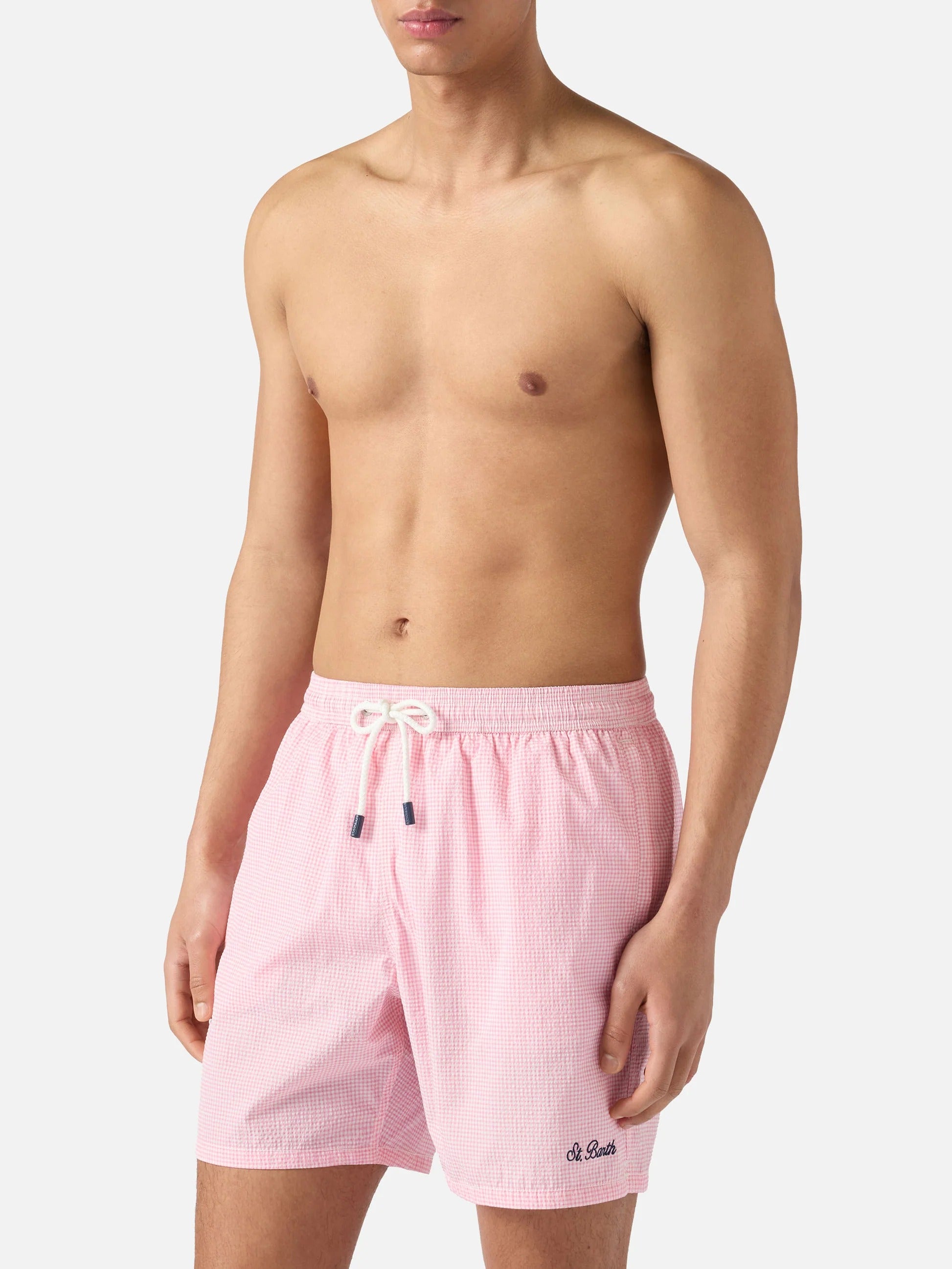 MC2 Saint Barth Costume a Pantaloncino Uomo Patmos in Seersucker Vichy Rosa e Bianco