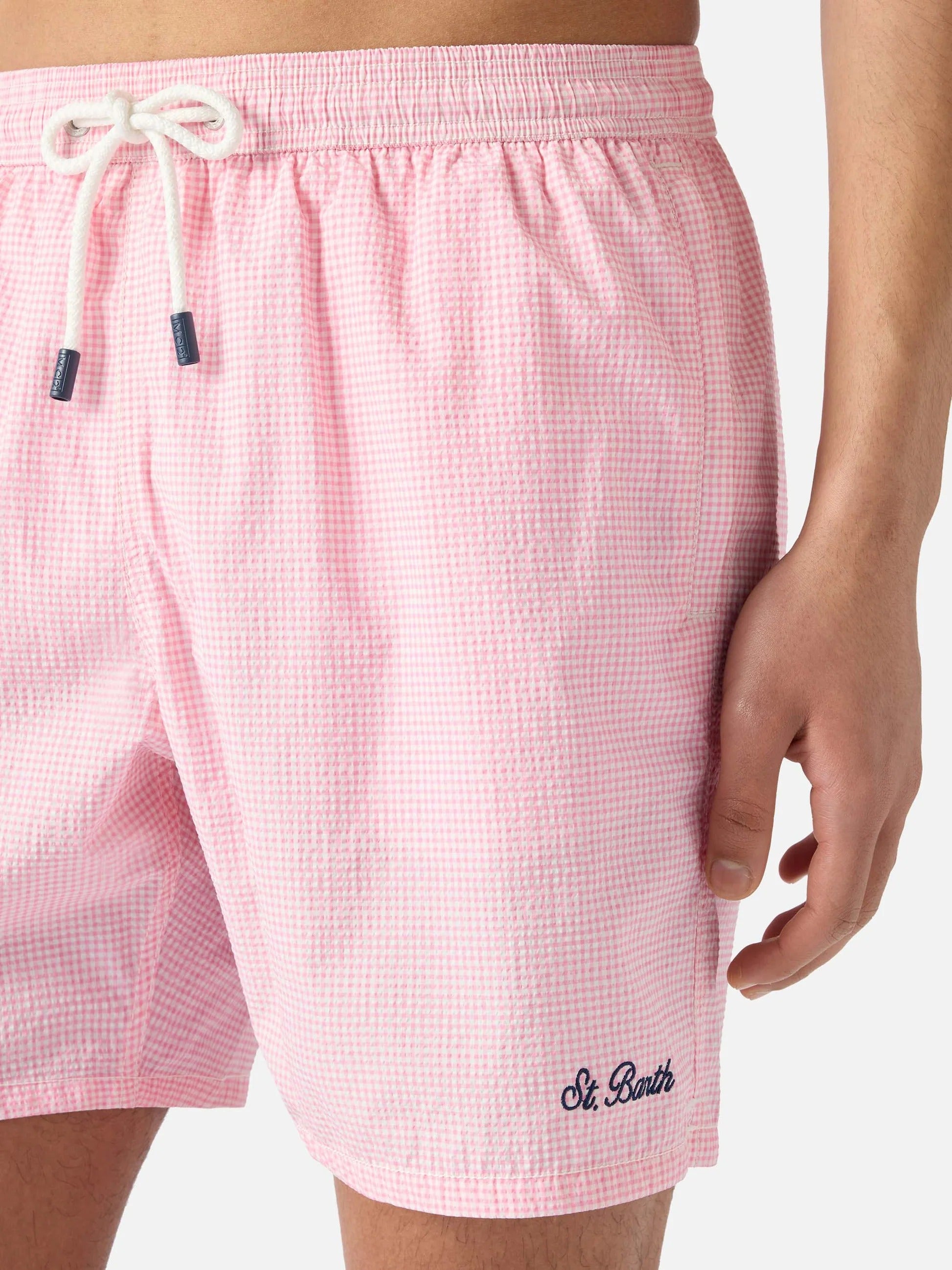 MC2 Saint Barth Costume a Pantaloncino Uomo Patmos in Seersucker Vichy Rosa e Bianco