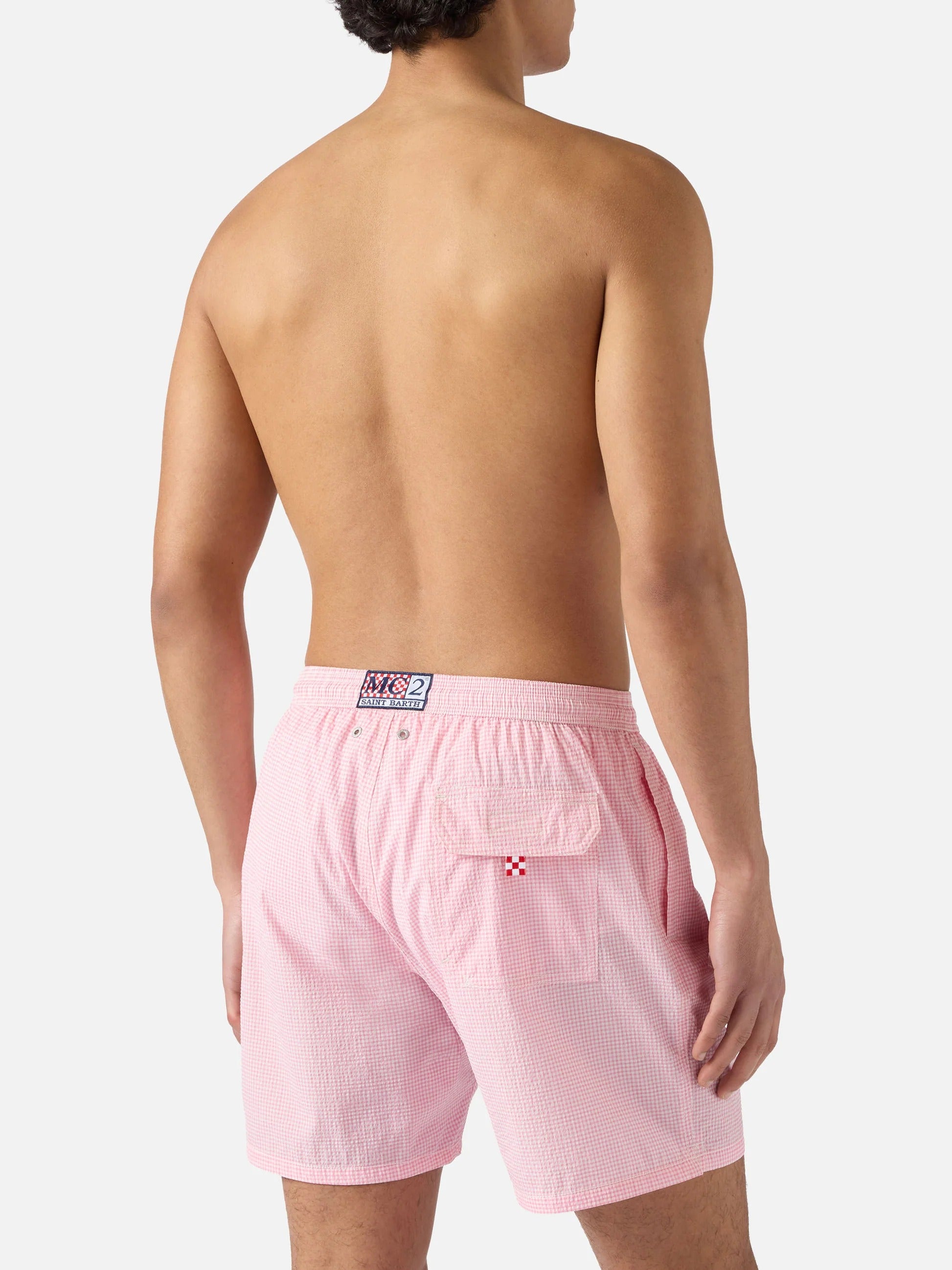 MC2 Saint Barth Costume a Pantaloncino Uomo Patmos in Seersucker Vichy Rosa e Bianco