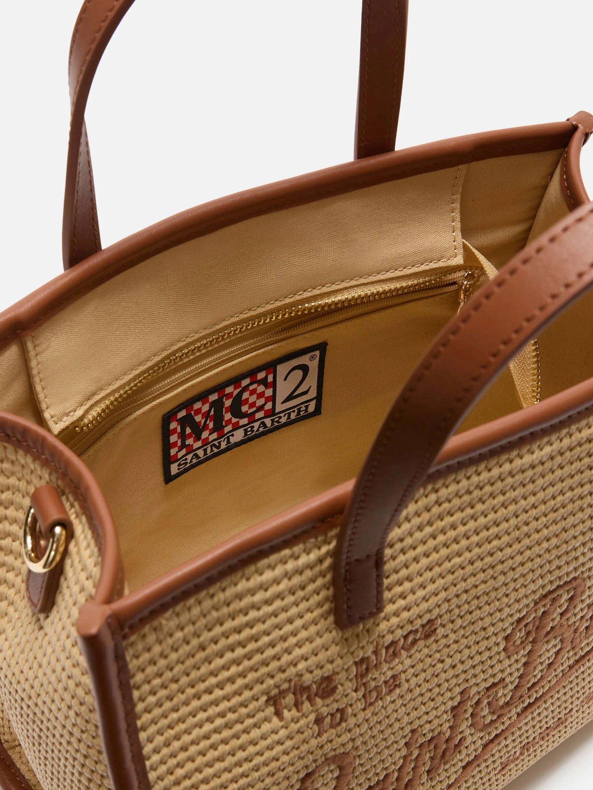 MC2 Saint Barth Borsa Vivian Medium Effetto Rafia con Logo Ricamato Donna Beige