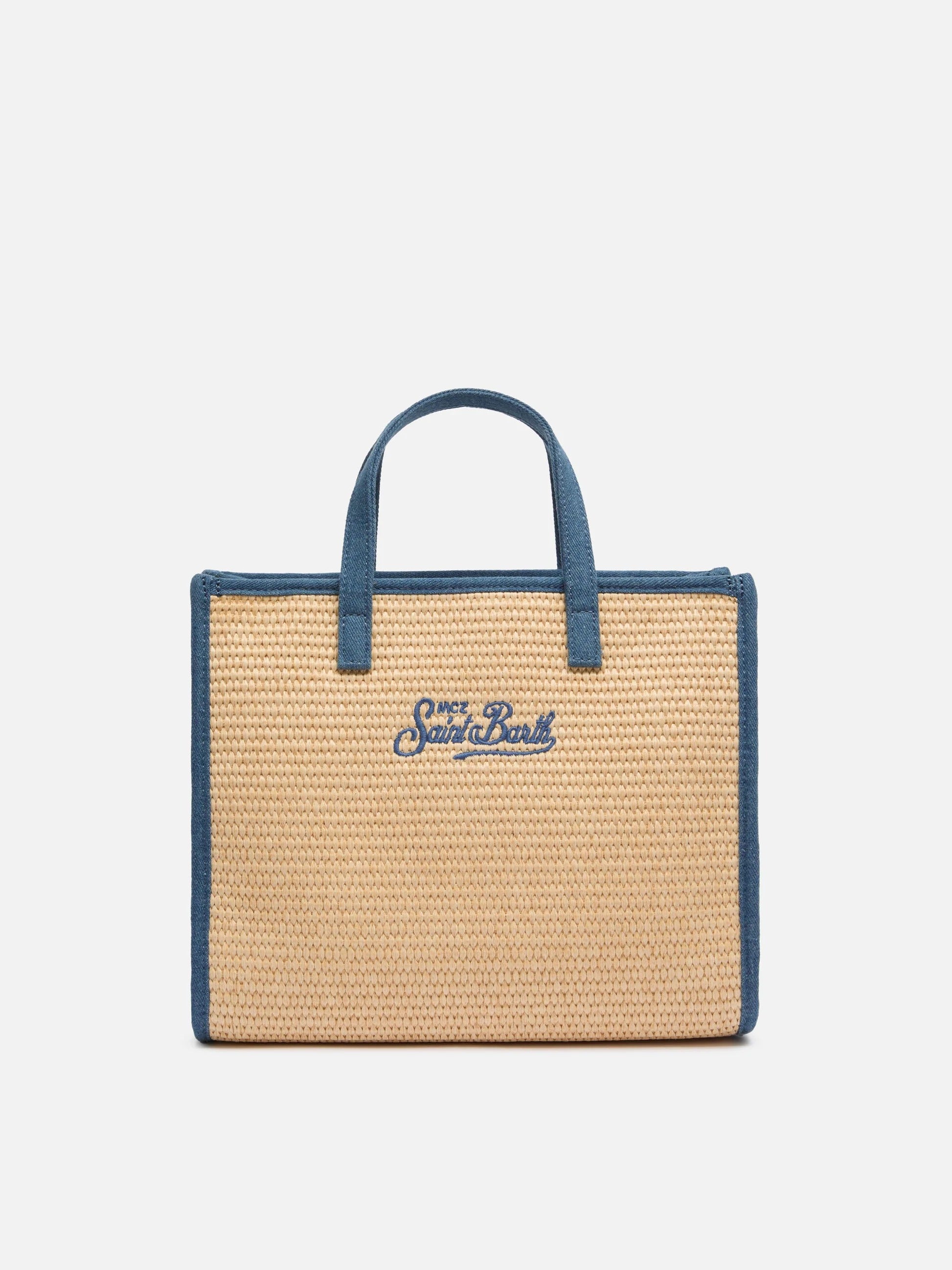 MC2 Saint Barth Borsa Vivian Mid Straw Effetto Paglia con Patch Denim Donna Beige