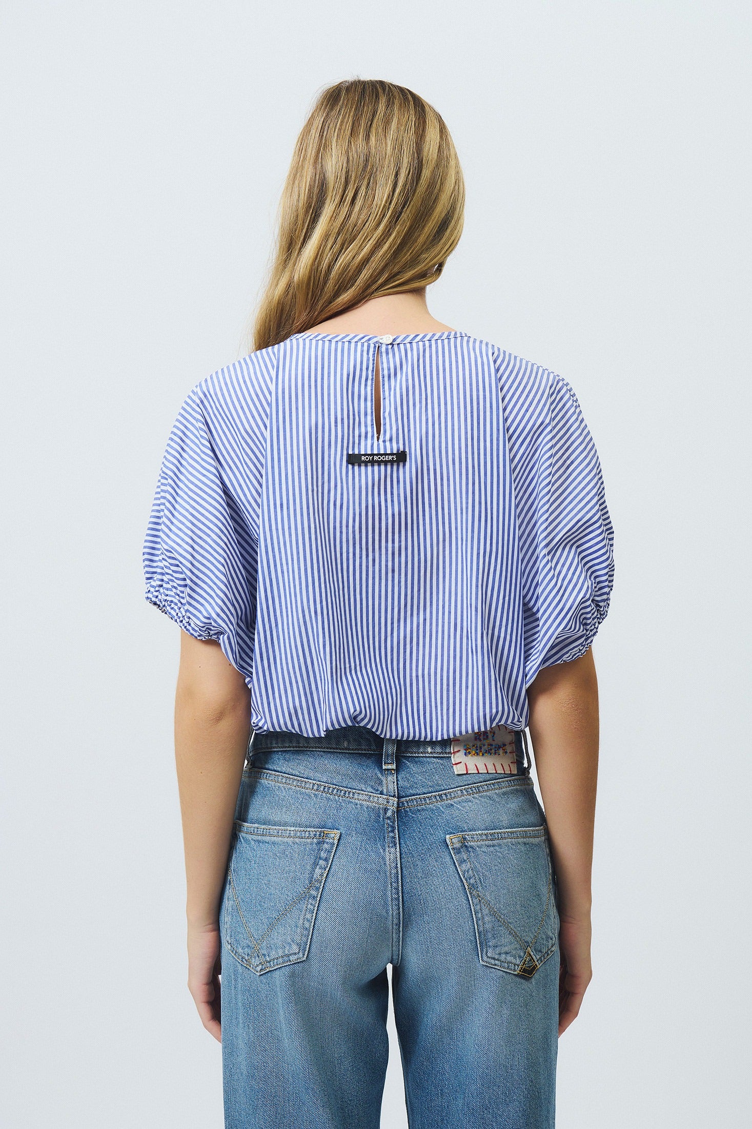 Roy Roger's Camicia in Popeline di Cotone a Righe Puff Bianco e Blu