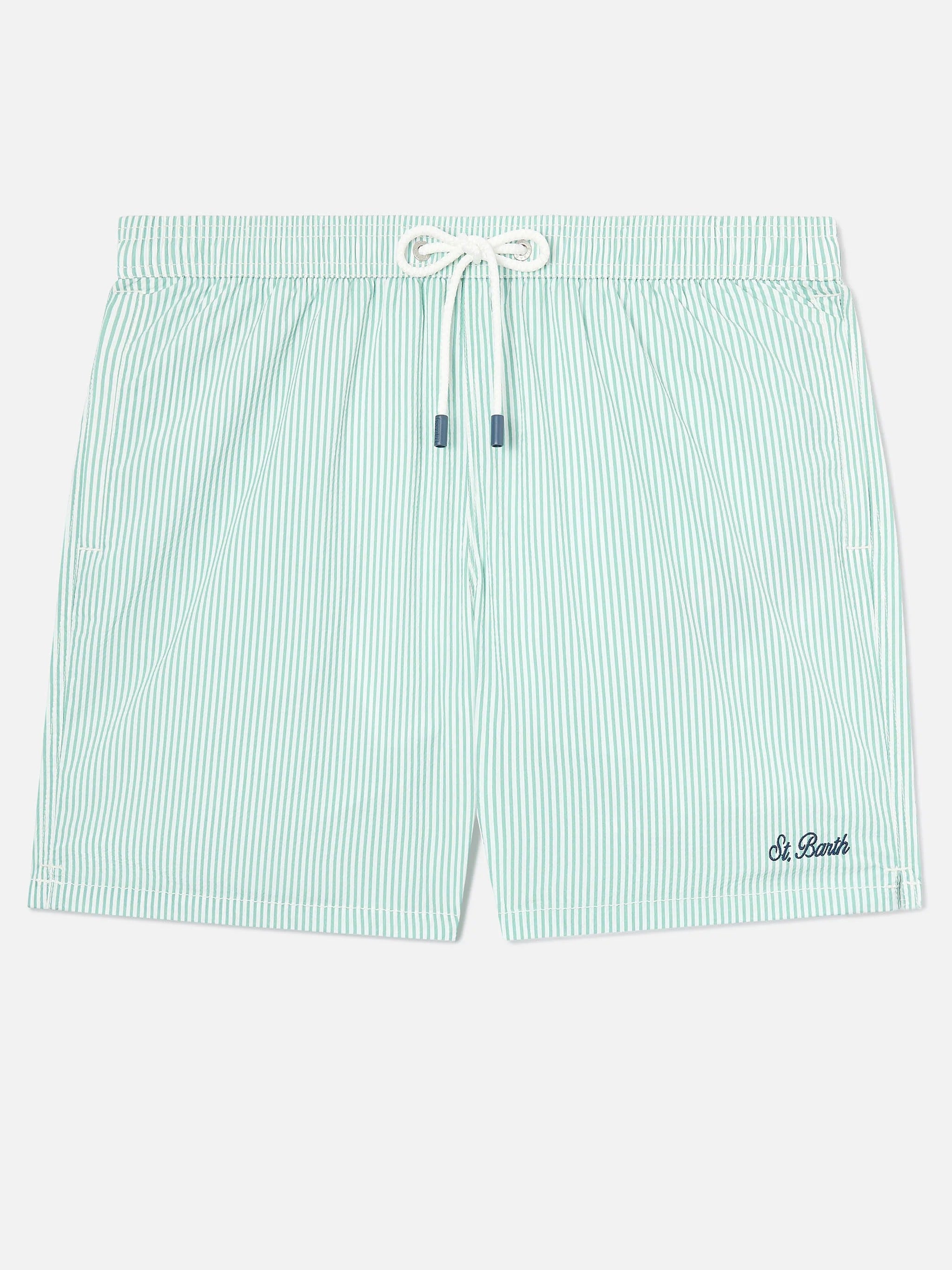 MC2 Saint Barth Costume a Pantaloncino Uomo Patmos in Seersucker a Righe Verde Salvia e Bianco